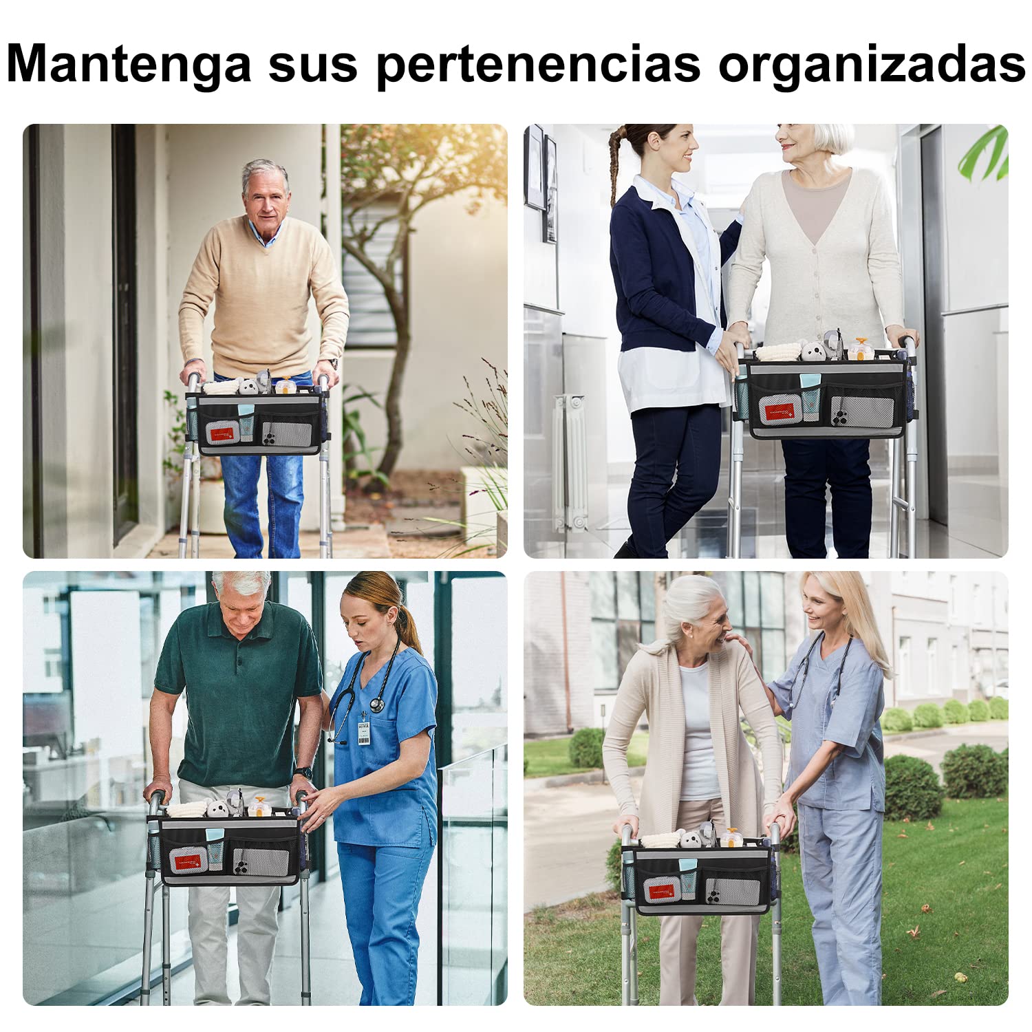supregear Cesta de Andador, Bolsa Organizadora Walker de Gran Capacidad con 4 Malla Bolsillos y Bolsa de Almacenamiento de Diseño Gancho y Bucle de Raya Reflectante para Accesorios de Walker Carry