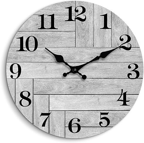 Reloj de pared, silencioso, gris, funciona con pilas, sin tictac, estilo vintage, rústico, estilo pastelero, decorativo, para cocina, baño, sala de