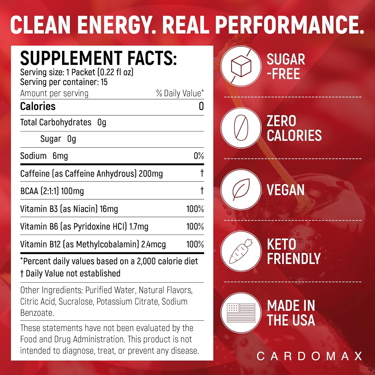 CardoMax - Energy Drink Packets - Liquid Preworkout for Men & Women Caffeine Packets with BCAA, Vitamin B12, Vitamin B6 & B3 - Sugar-Free, Zero Calorie, Vegan & Keto - 15 Stick Packs - Black Cherry