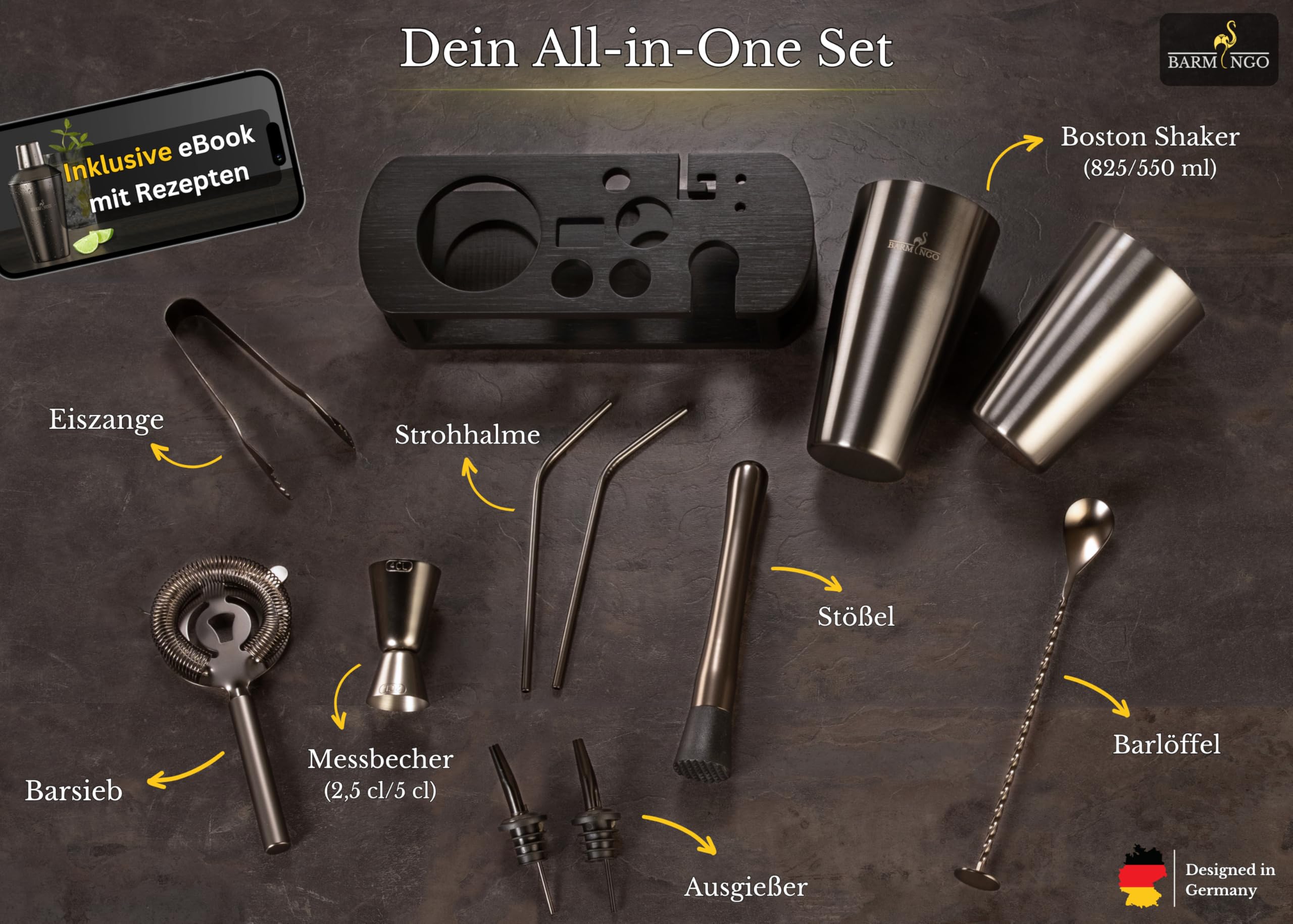 Edelstahl Cocktail Set 11tlg – 825ml Boston Cocktail Shaker Set mit Ständer und Bar Zubehör, Cocktailshaker Set | Barkeeper Set | Cocktail Mix Set | Barset | Boston Shaker Set | Schwarz