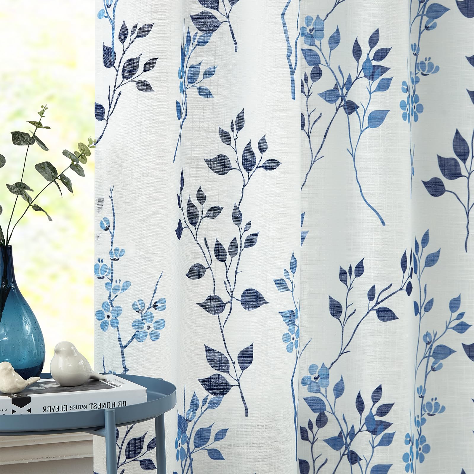 Beauoop Cortinas transparentes con hojas, 127 cm de ancho, aspecto de lino, con ojales, diseño botánico, semitransparente, cortina con ojales para granja, salón, dormitorio (azul marino, 127 x 245 cm)