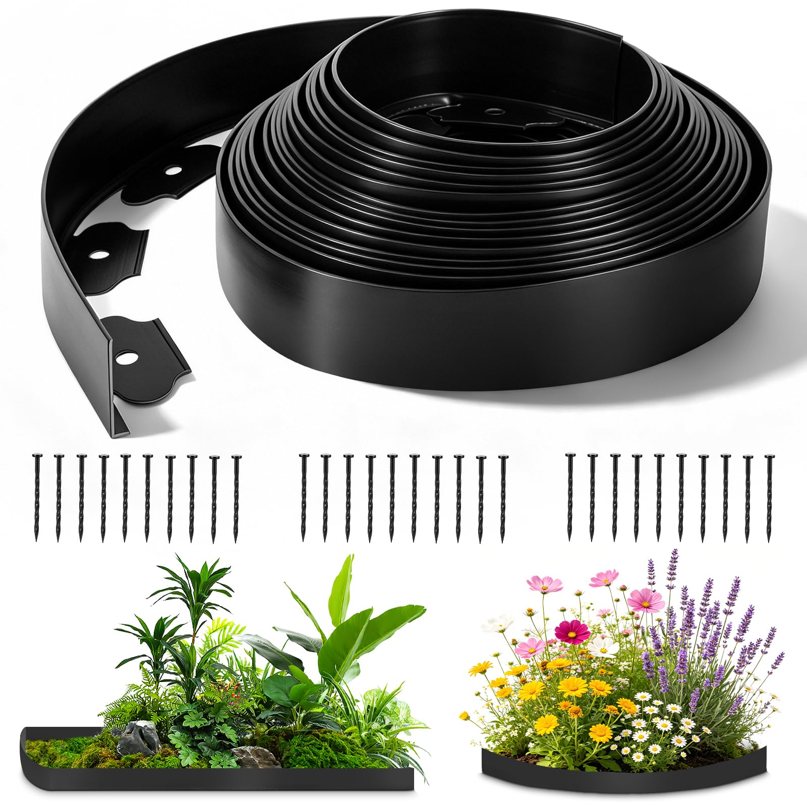 33FT/10M Lawn Edging, 3PCS Garden Edging Border with 30 Pegs, 5cm Tall Mini Plastic Garden Borders Edging, Flexible Trimmable Garden Edging for Flower Bed, Paths, Lawns, Grass, Landscape (Black)