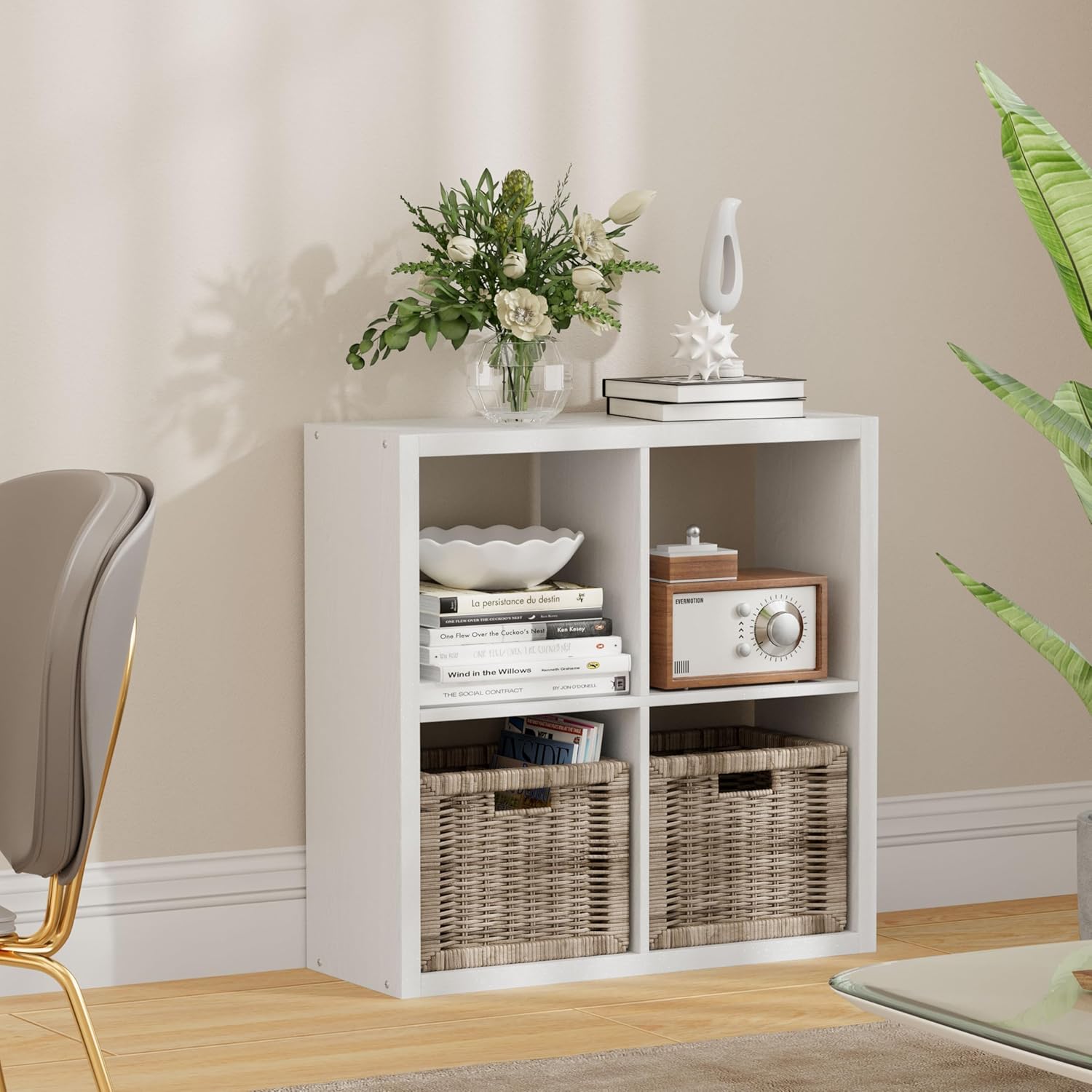 4 Cube Storage Organizer, 2x2 Cube Bookshelf, Cubby Storage Shelf, Wooden Organizer Shelf with Thickened Boards, for Closet Bedroom Home Office Living Room, 25.12" L x 9.37" W x 25.12" H, White