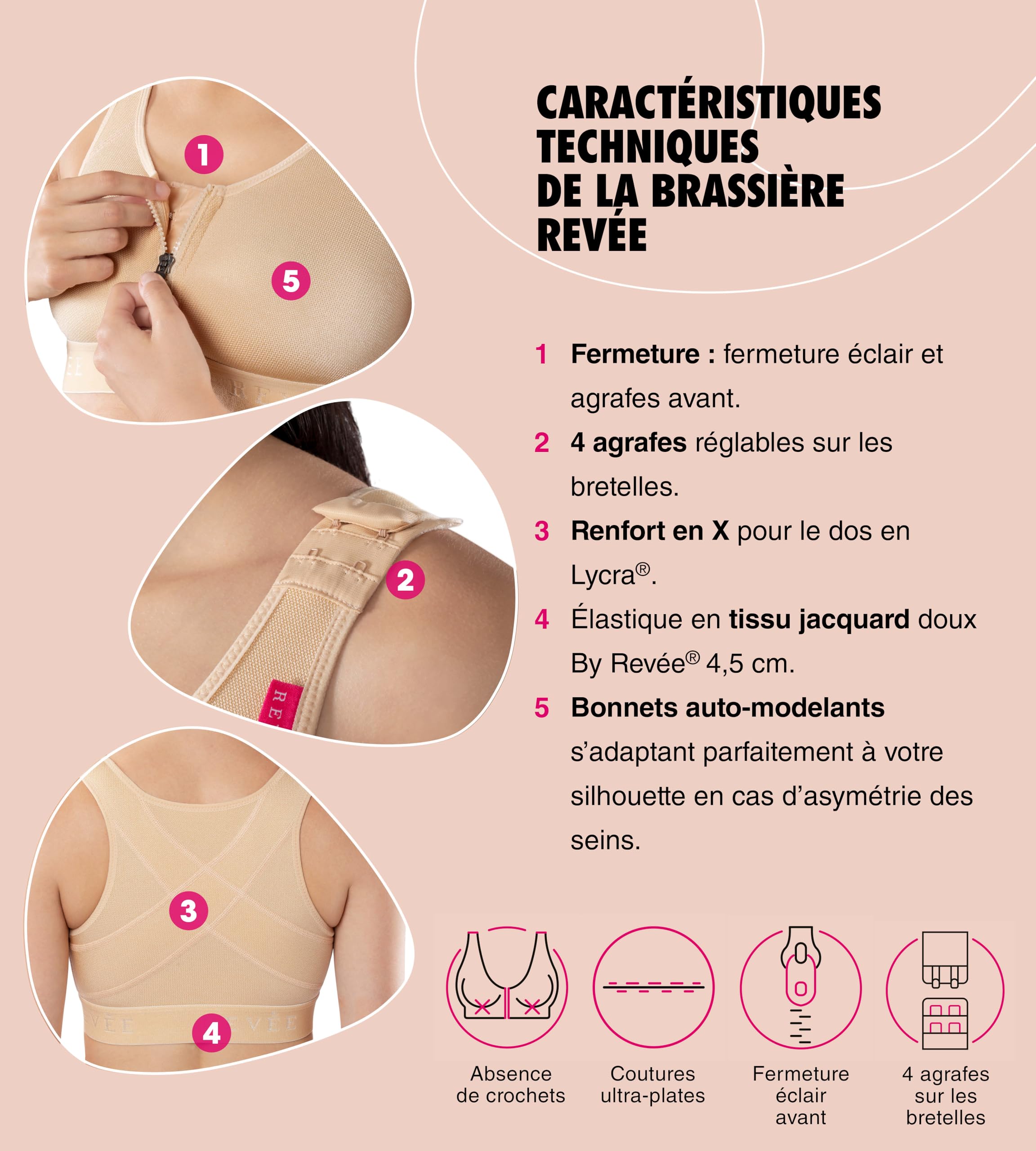 RÉVÉE Bra Elodie Brassière Post Opératoire - Soutien Gorge de Compression Postopératoire avec Ouverture Frontale, Augmentation ou Réduction Mammaire, Substitution de Prothèse, Blanc/Noir