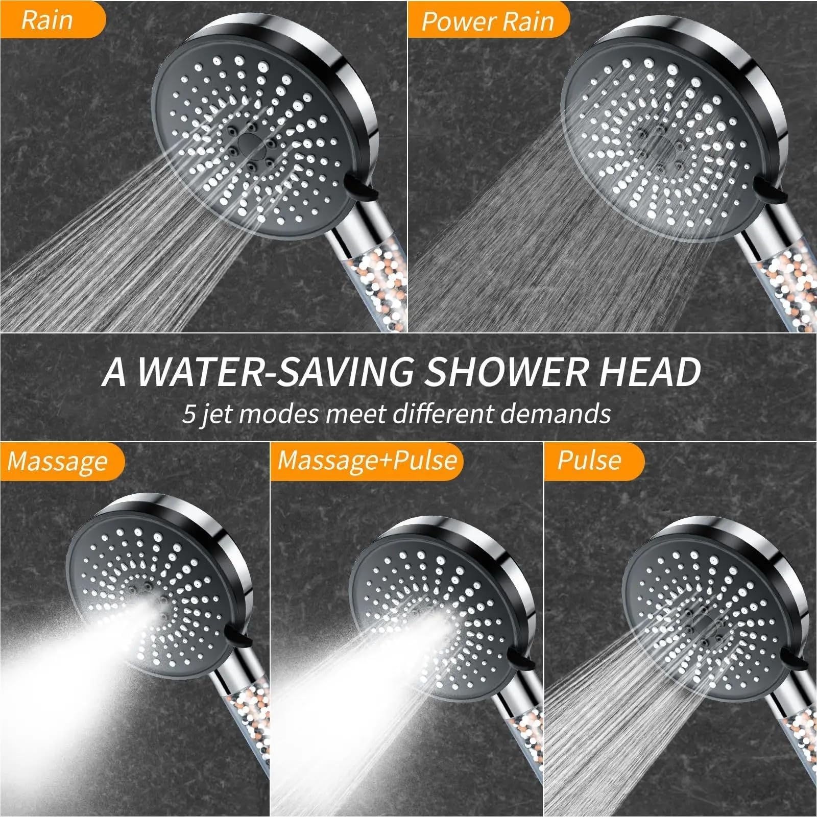 Alcachofa de ducha 5-speed Water Adjustment Filter Shower Head High Pressure Negative Ion Hard Softening Set(Black)