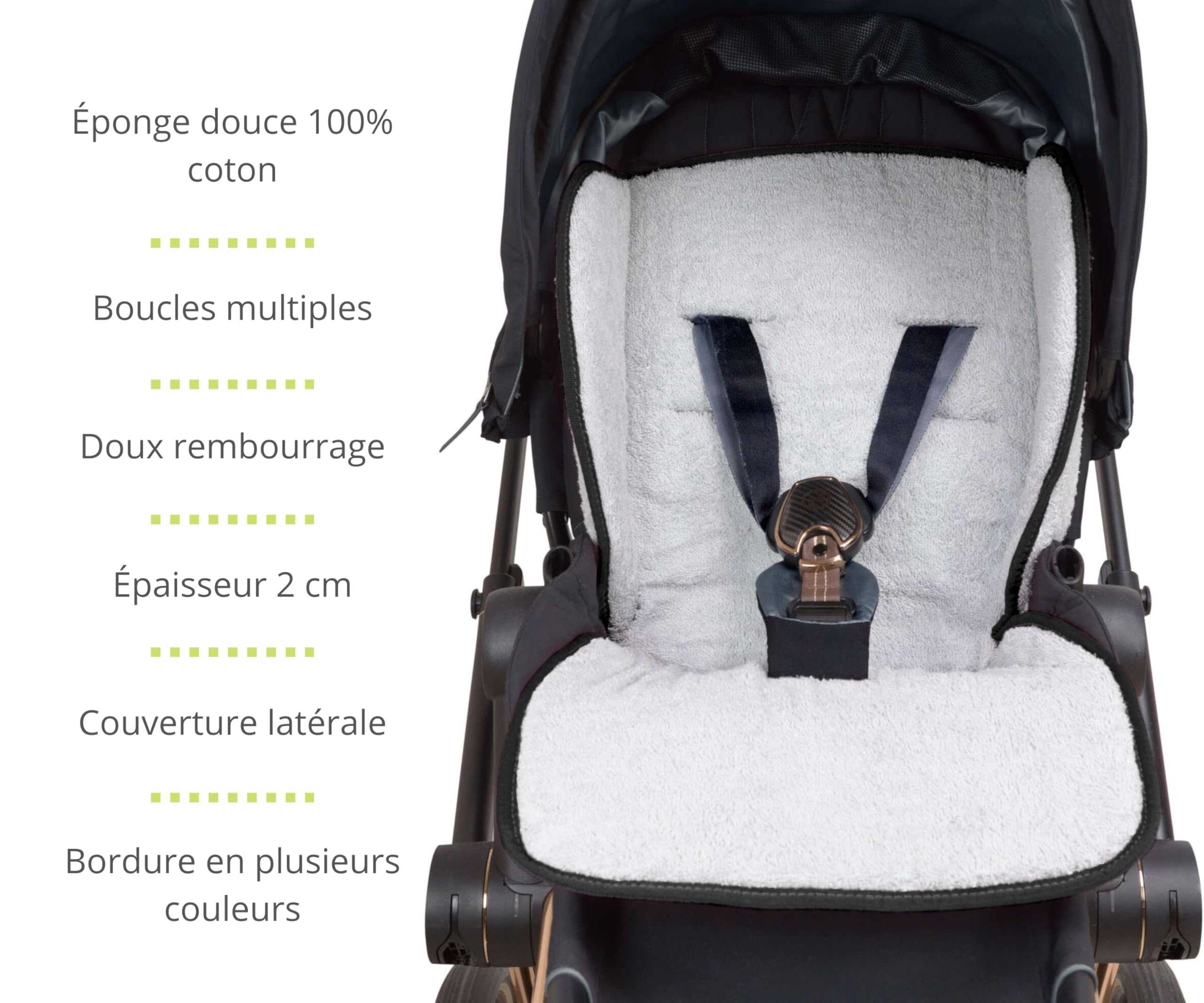 Babysanity® Doux Réducteur pour Poussette Universel Matelas Bébé Plafond Rembourrage Revêtement Éponge de Coton 100 % Bord Couverture Latérale - Made in Italy - (Noir)