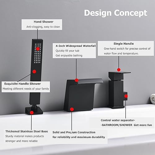 Miniatura 9 de LIWEIKE Grifo de bañera romano con pulverizador, grifo de bañera romano negro mate, montaje en cubierta, juego de grifo de bañera de 3 agujeros con