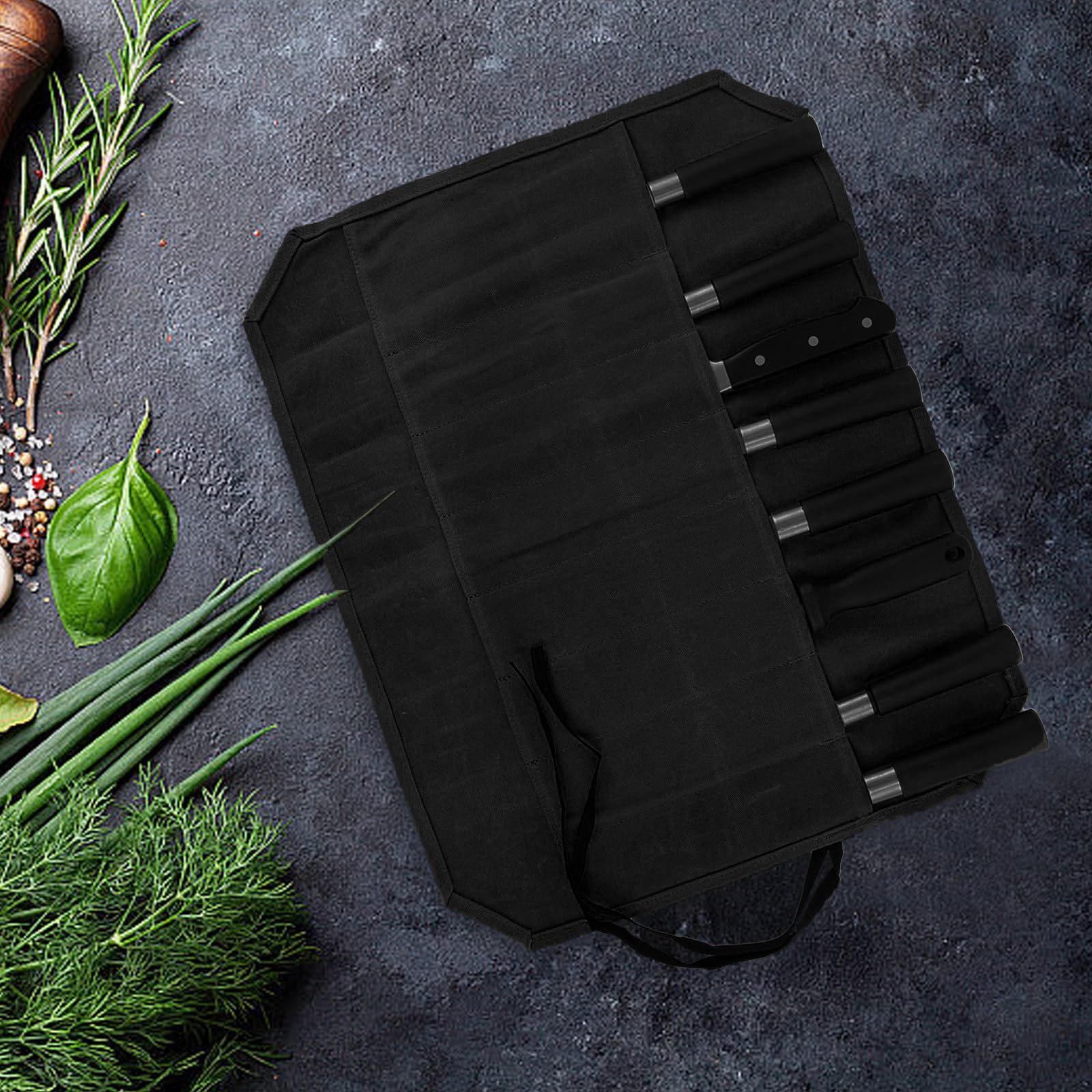 Borsa per coltelli, coltello da cucina con 8 scomparti per coltelli e cucchiai, in tela di cera, regalo per cuochi professionisti o appassionati culinari, Nero , 56 x 43 cm, Conservazione di