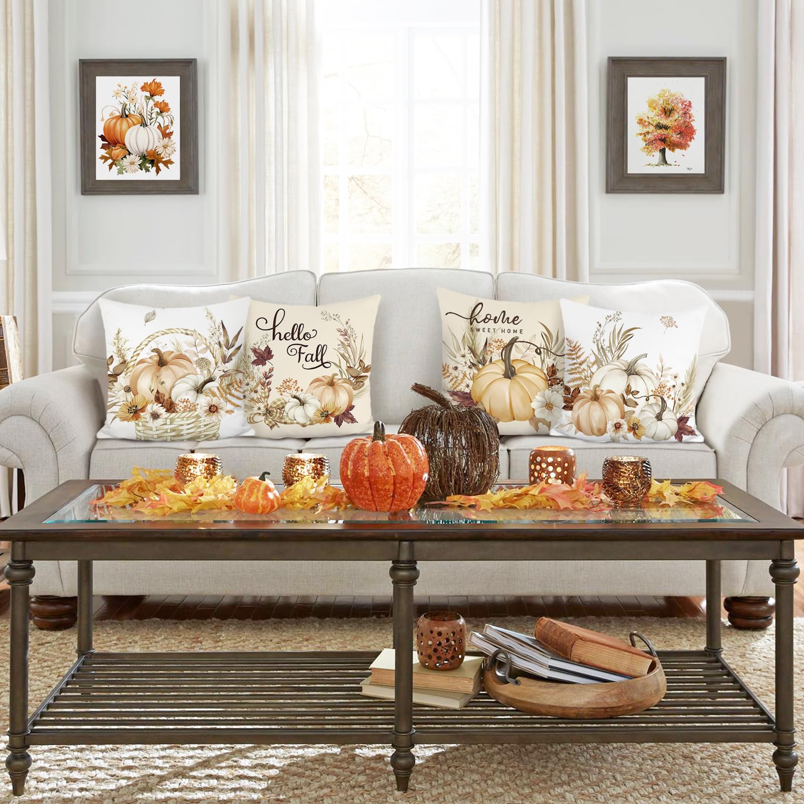 Bonhause Housse De Coussin Citrouille Automne 45 X 45 Cm Couronne Feuille Floral Vert Orange Velours Décoratif Taie D'oreiller Pour Canapé Salon Chambre Jardin Maison Décoration 4 Pièces