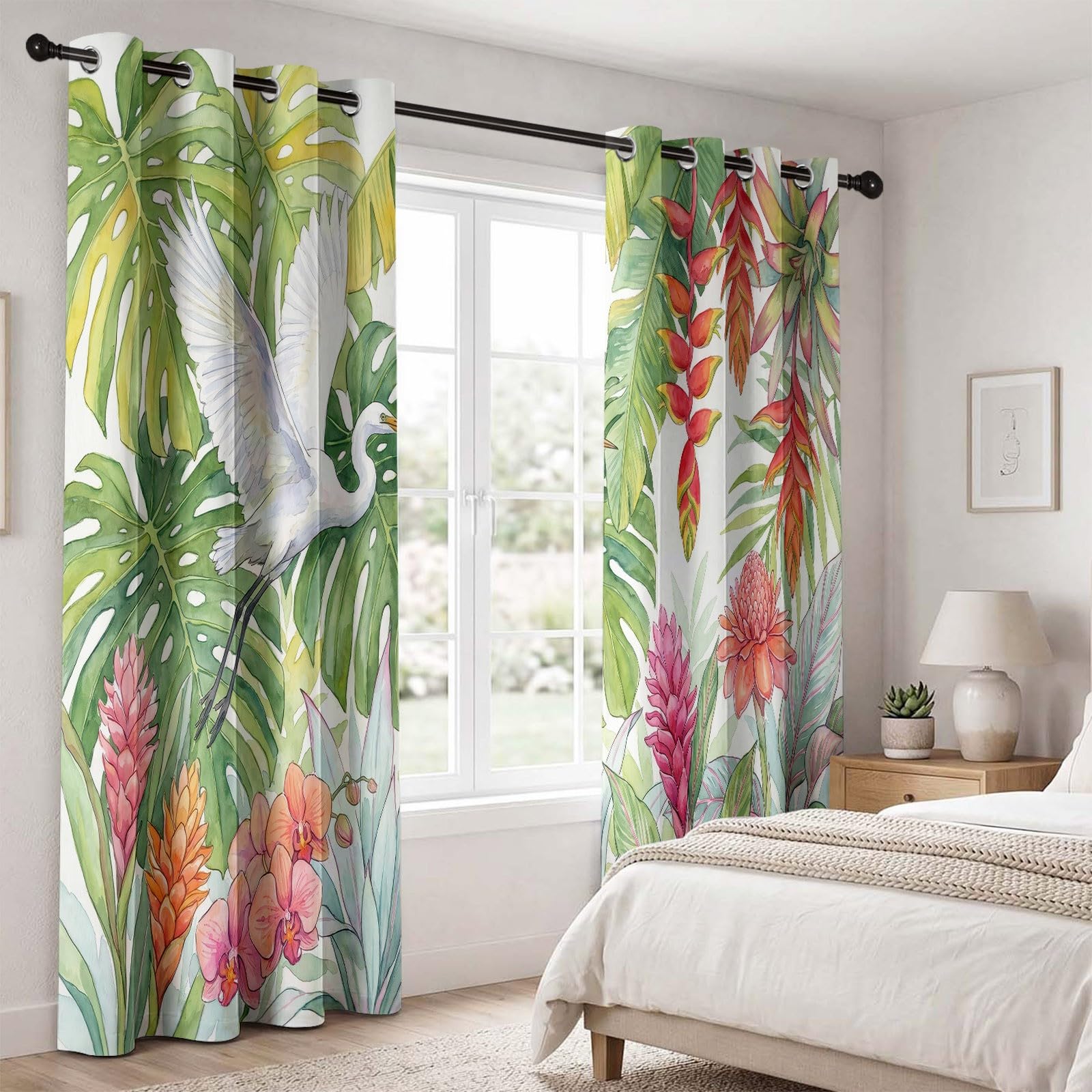 Zasłony zaciemniające Liść ptaków 70 L x 240H cm (2 panele), termoizolacyjne mocowanie z oczkami Egret i tropikalne liście do łazienki, zielone