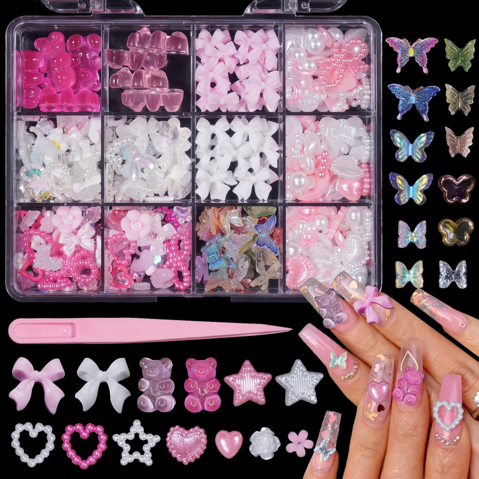Uotey 3D Bows Pearl Heart Nail Charms, Acrylic Butterfly Bear Heart Bows Flow...