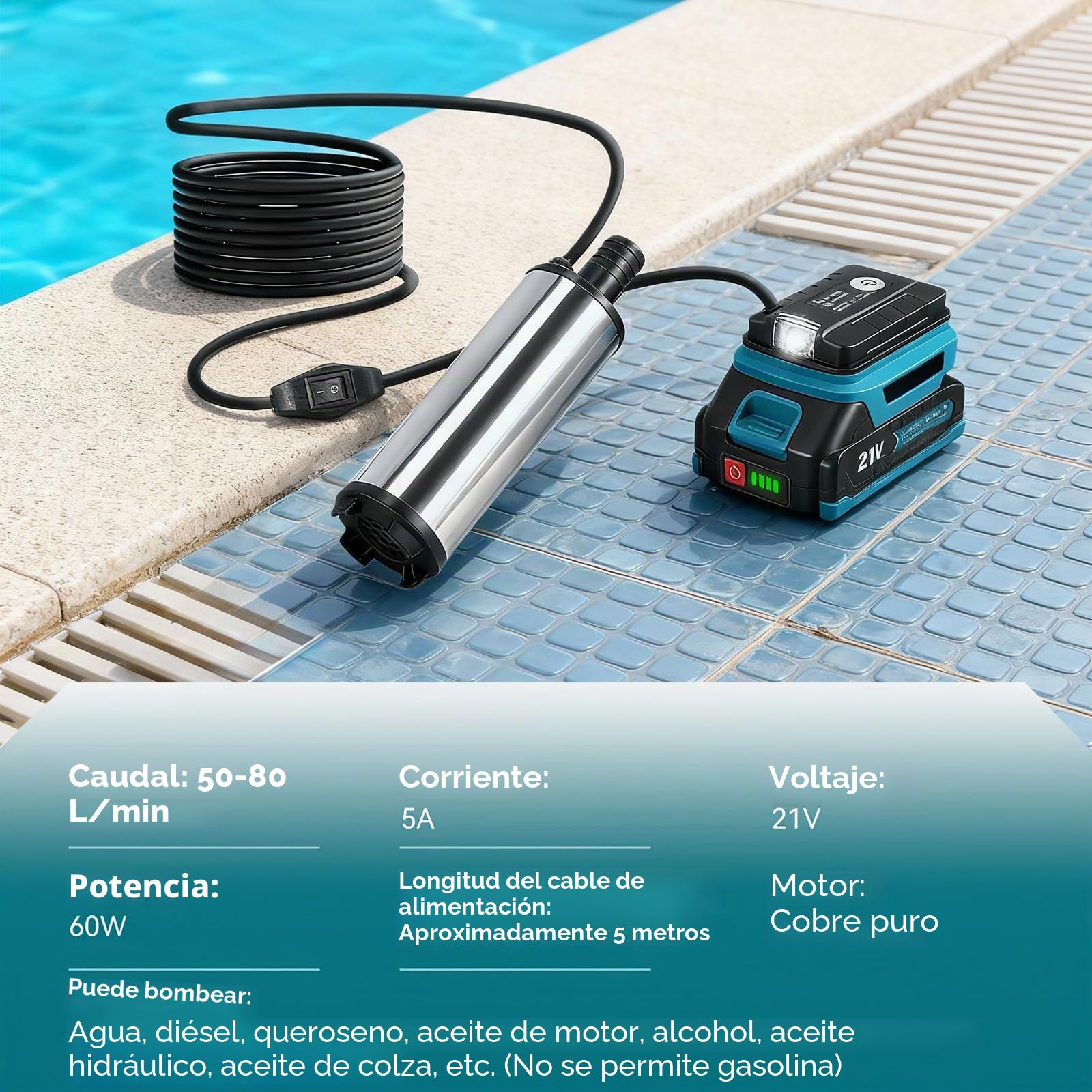 Bomba de agua con batería de 7500 mAh, 21 V, bomba eléctrica sumergible inalámbrica, altura de impulsión 3-5 m, caudal 50-80 l/min, bomba de transferencia con cable de 5 m, para piscinas, acuarios