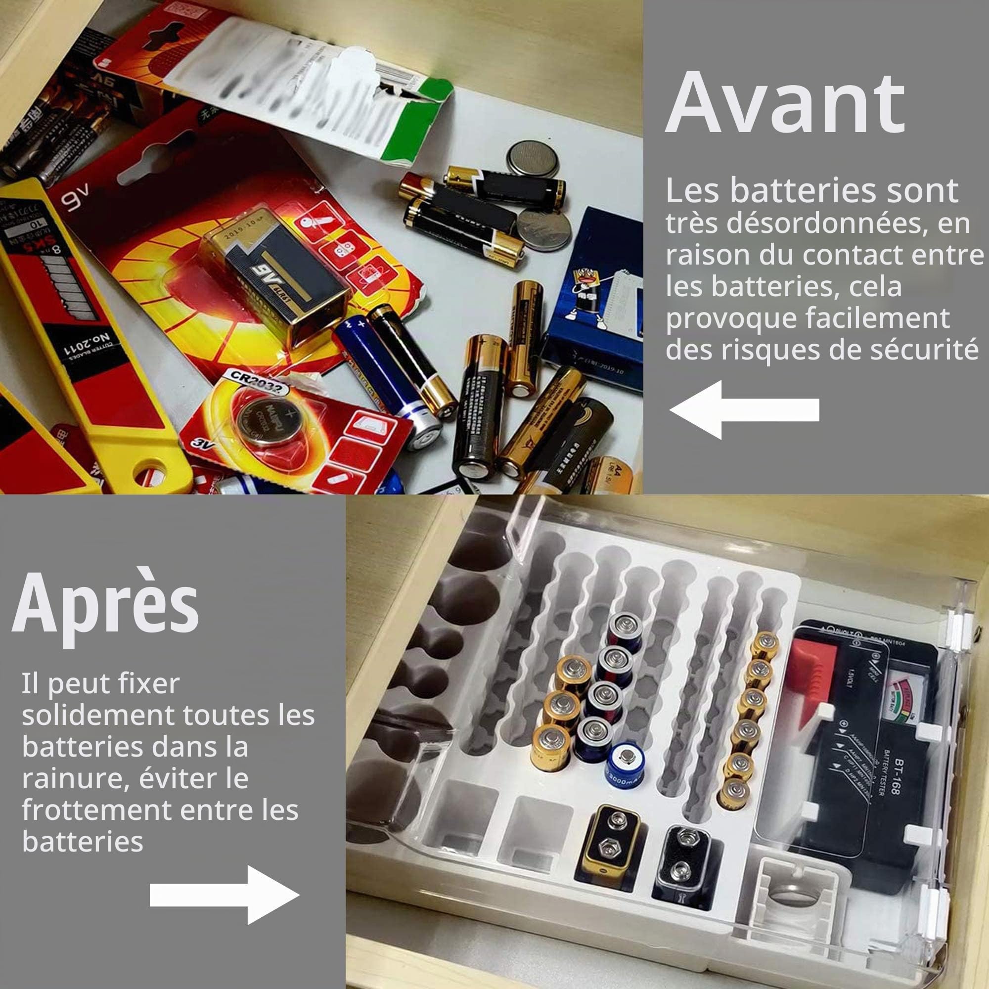 Linkidea Boîte de rangement pour piles avec testeur intégré - Peut contenir 93 piles (AAA, AA, 9V, C, D, bouton) pour la maison, le bureau et l'atelier