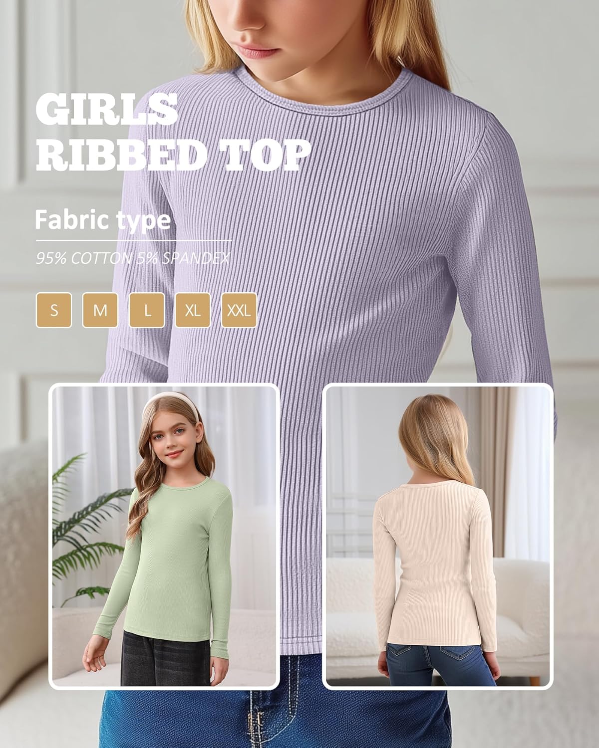 3 Pack Girls Long Sleeve Shirts Ribbed Knit Cotton Layering Tops Slim Fit Crewneck ... - Image 6