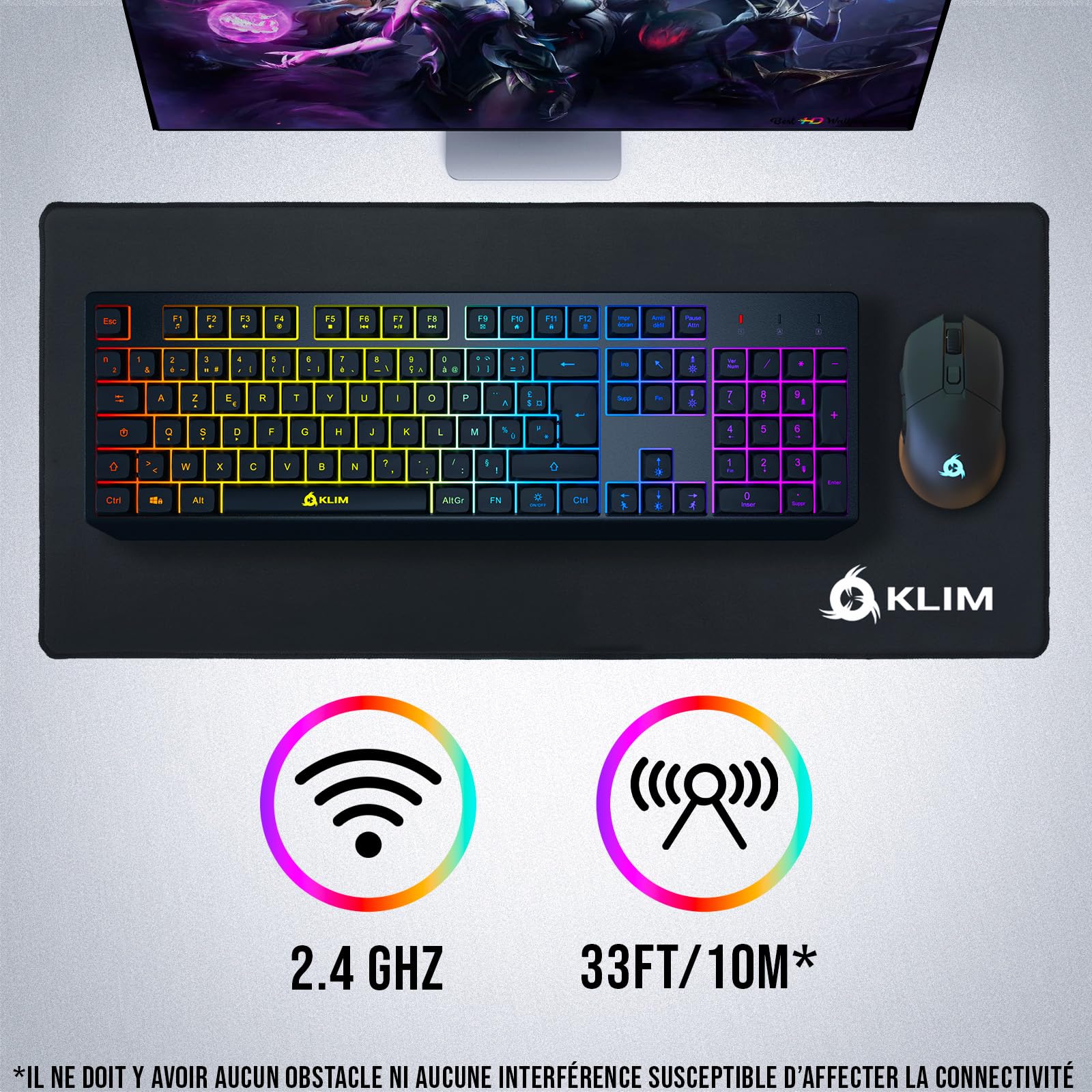 KLIM Chroma – Clavier sans Fil Gaming AZERTY FR, Rétroéclairage RGB, Silencieux & Ergonomique, Batterie Intégrée Longue Durée, Résistant aux Éclaboussures – USB 2,4 GHz pour PC/Mac/PS4/PS5 – Noir