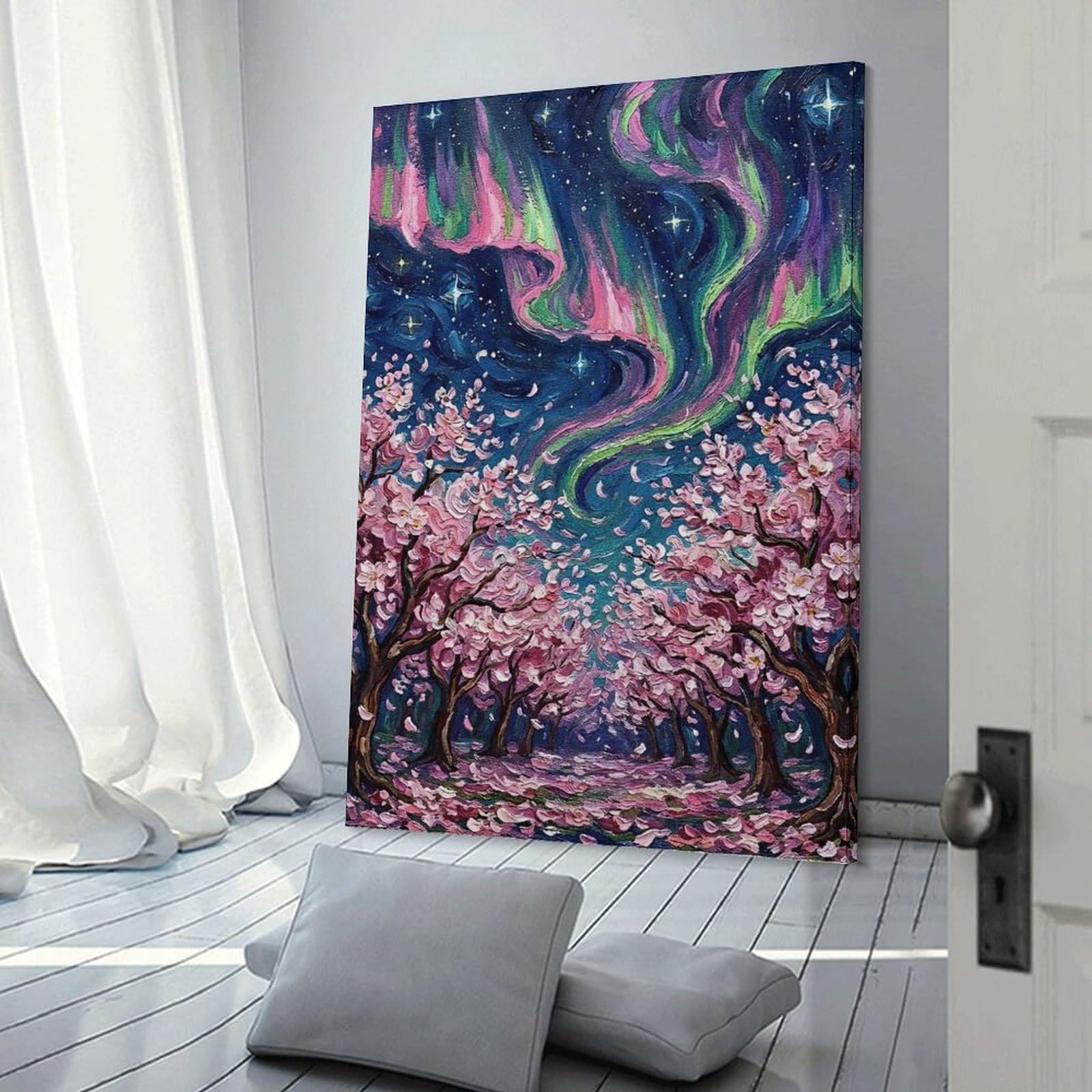Junmoney Cherry Blossoms And Aurora Borealis Painting Wall Art Print, 20x30inch(50x75cm), for Entryway, Lounge Links Or Small Walls, Decorative Canvas Styling for Entry Areas