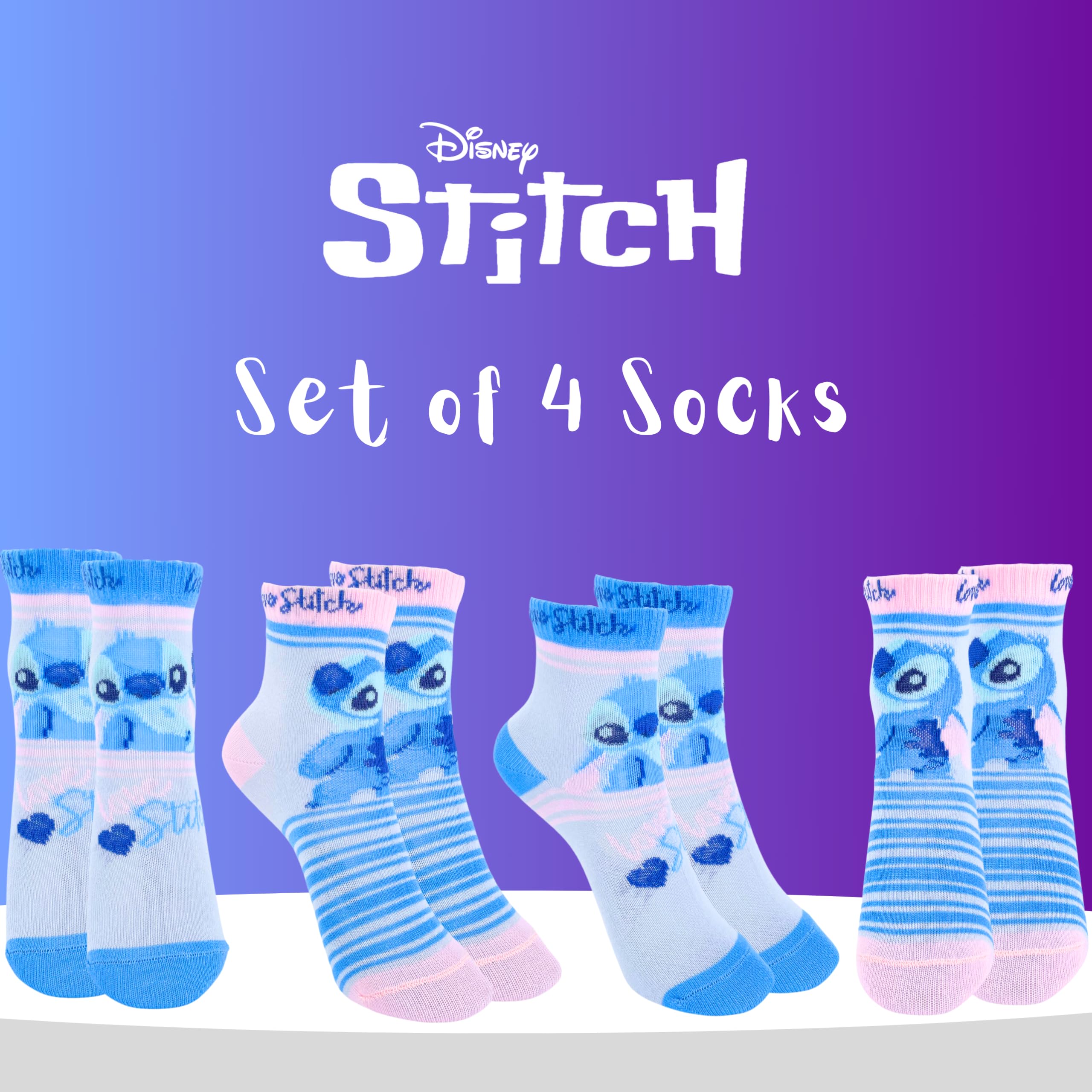 Disney Stitch Chaussettes, Stitch Design Pack de 4 Chaussettes pour Filles, Chaussettes Cadeau pour Filles et Adolescentes, Tailles EU 23 à 34