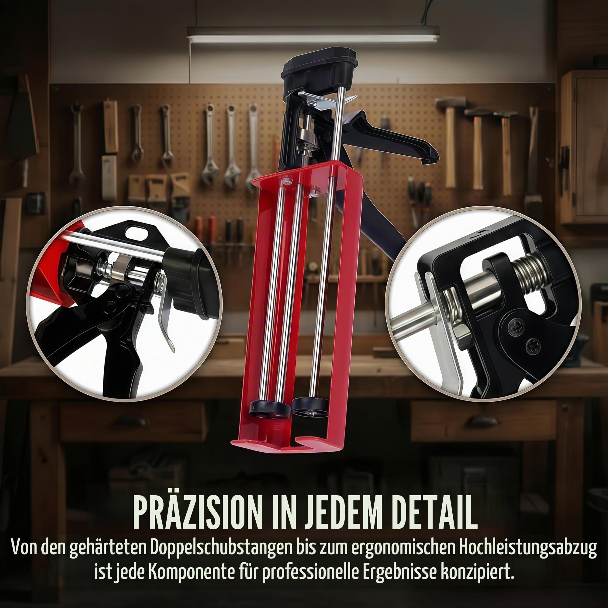 Doppeldichtstoffpistole für Doppelkomponenten (Mischungsverhältnis 1:1), bis zu 400 ml, manuelle Dichtstoffpistole für Klebstoffe, Dichtstoffe, Epoxid, mit 2 Silikon-Nahtwerkzeugen, Rot