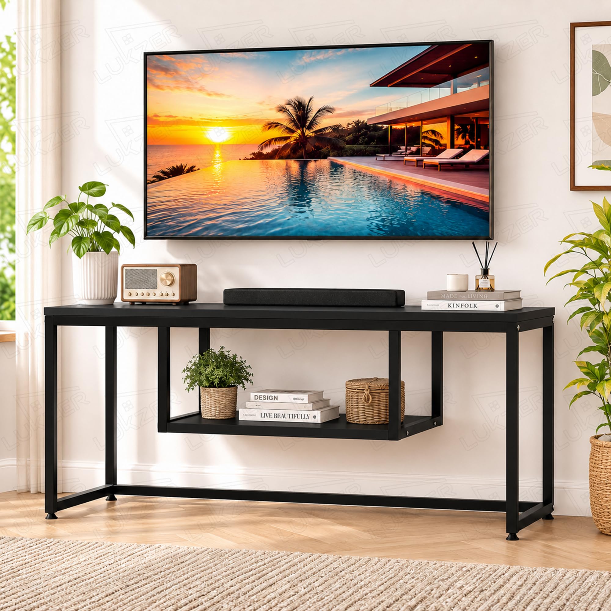 Lukzer TV Unit Stand for TVs up to 43 Inch Engineered Wood with Metal (MTU-002/Black & Black) Open Shelf Storage Console for Living Room, Set Top Box, WiFi Router, Speakers & Decor (110 x 56 x 30 cm)-picture-31