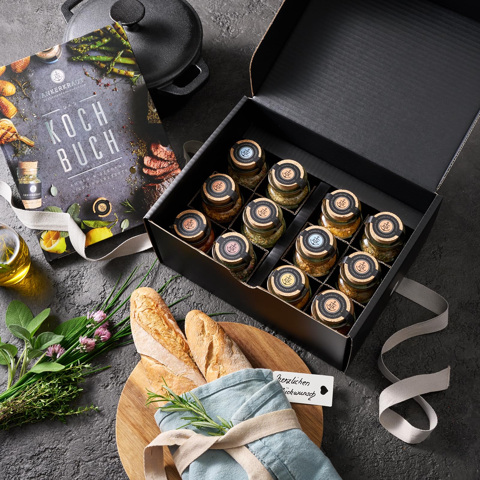 Ankerkraut Kochbuch Set mit 12 Korkengläsern, einfache Rezepten zum Nachkochen für Jedermann, Geschenk-Set
