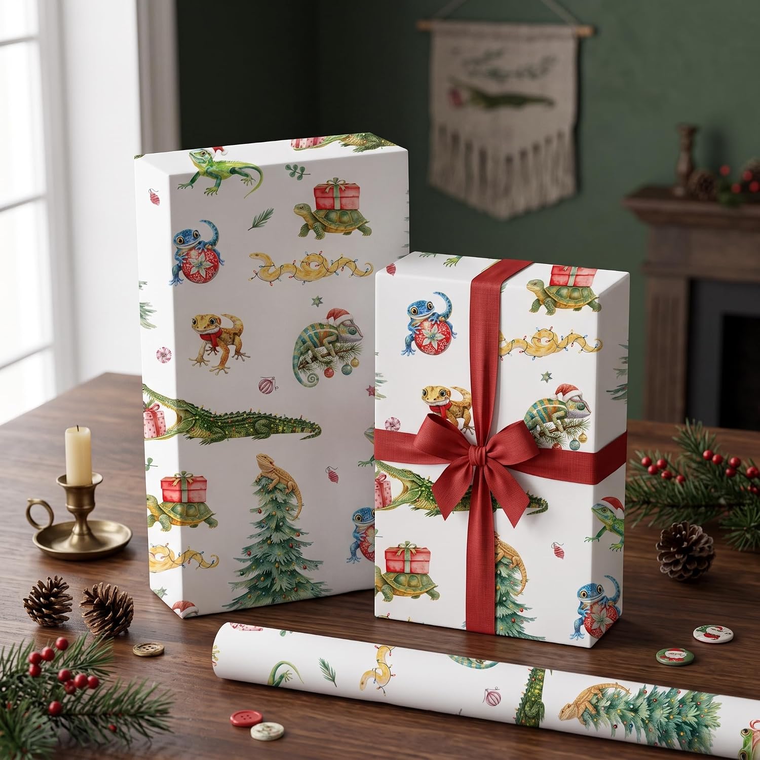 Joviwrap Reptile Christmas Wrapping Paper Roll, Watercolor Lizard Gecko Snake Turtle Exotic Pet Gift Wrap for Reptile Lover, Xmas Party Gifts, 17 Inch x 16.4 Feet image 5