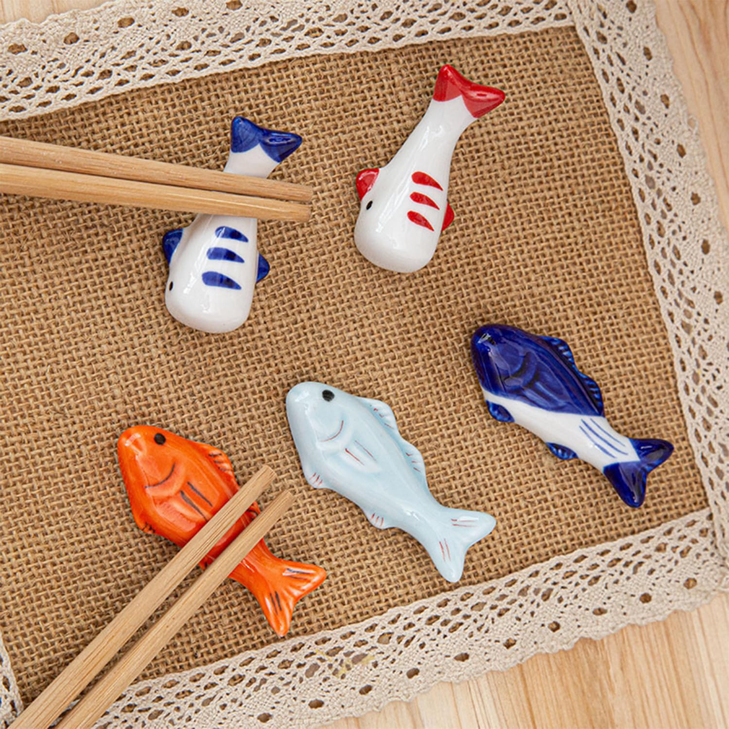 3 Supporti Per Bacchette In Ceramica A Forma Di Pesce – Rossi/blu, Poggia Posate Decorativi Per Tavola - 3