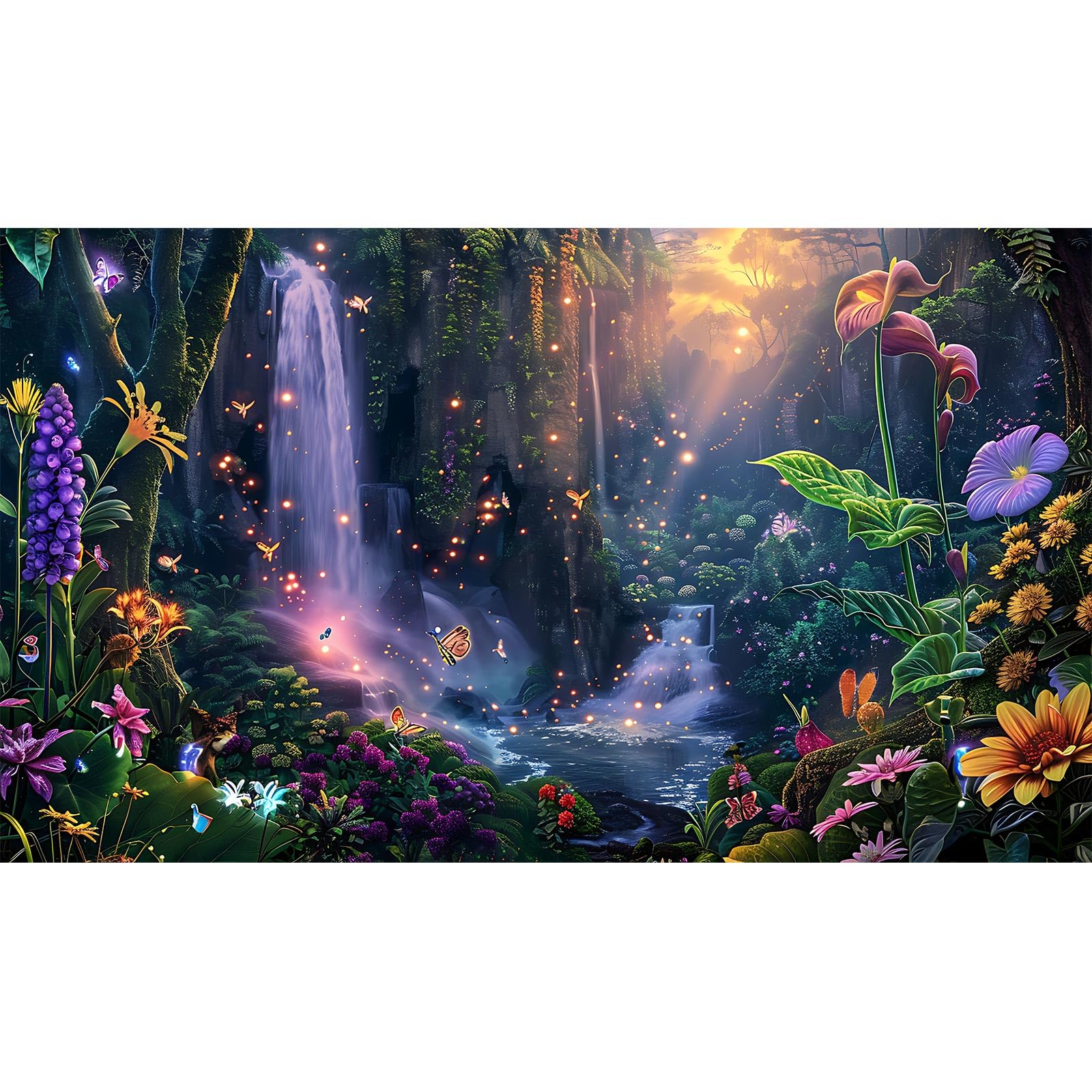 Fantasy Garden Aquarium Background Sunset Waterfall and Flowers Terrarium Backdrop Tropical Forest Lush Plant Magic Butterfly Lights Flowers Fish Tank