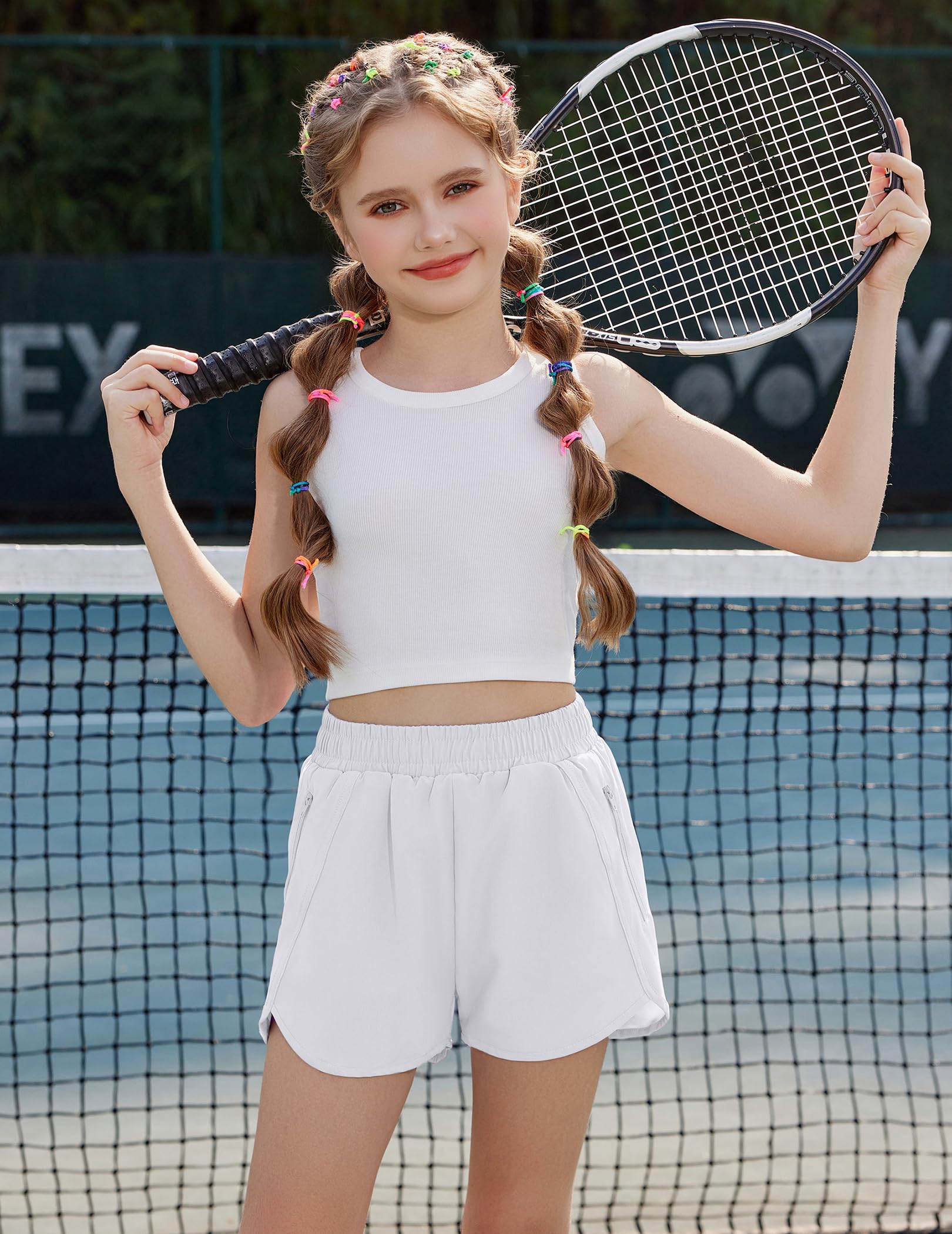 Zaclotre Girls Athletic Shorts with Zipper Pockets High Waisted Running Shorts Soccer Gym Sports Active Short for Kids White