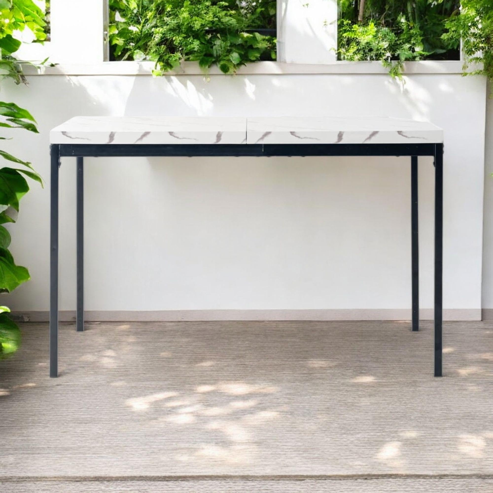 FurnitureR Tables de Bar de Jardin en Imitation Marbre Blanc, pour 4 à 6 Personnes, Plateau en Bois Epais avec Structure Métallique, pour Terrasse, Patio, Salle à Manger, Garden, 120 x 70 x 75cm