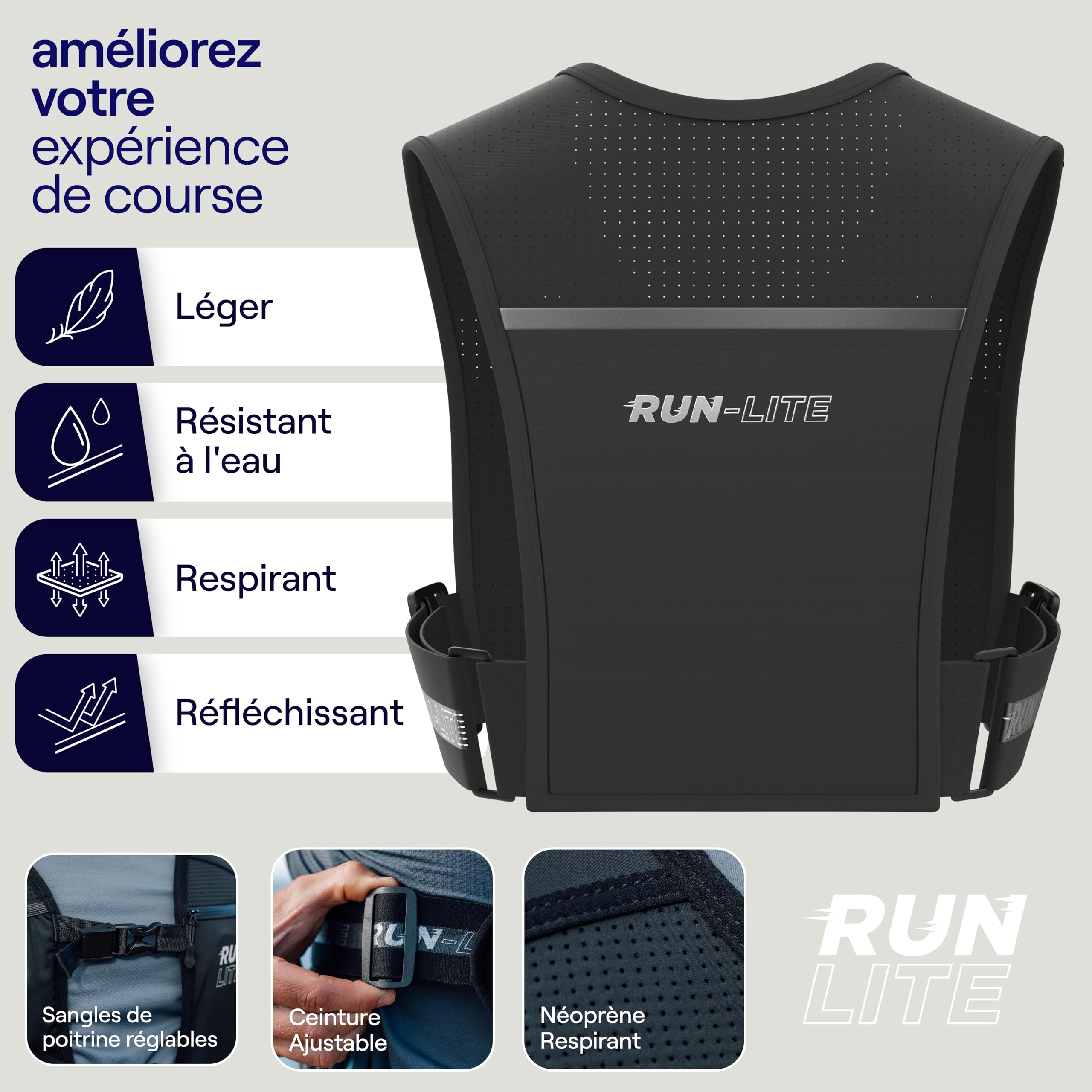 Gilet Running Léger avec Poche Téléphone Étanche – Sac Running Réglable avec Porte-Bouteille, 5 Poches, Réfléchissant – Gilet Trail Unisexe XS/S (61–81 cm)