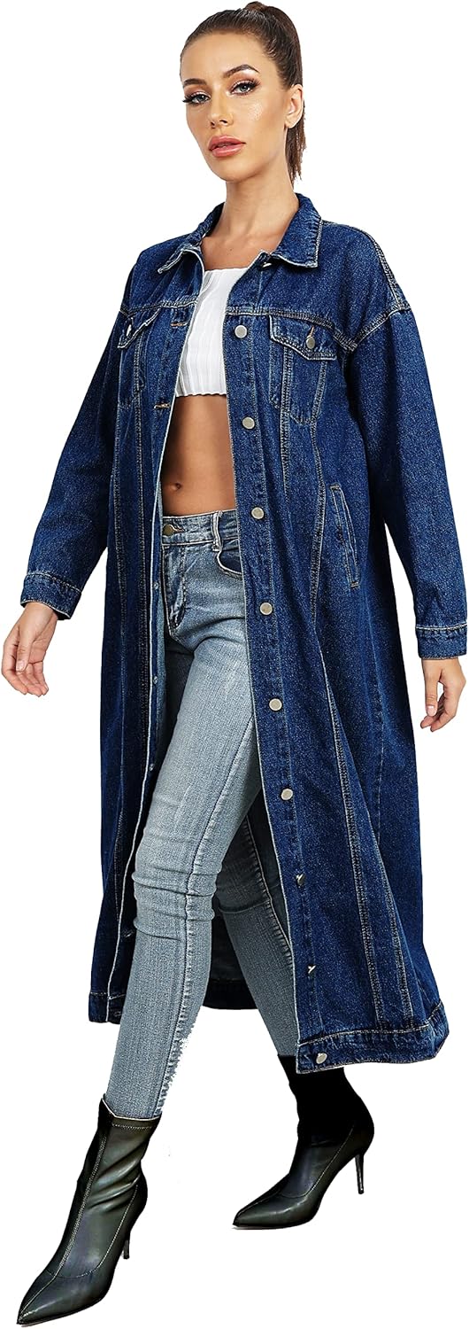 Womens Classic Jean Jacket Plus Size Loose Long Sleeve Button Down Denim Trench Coat - Image 4