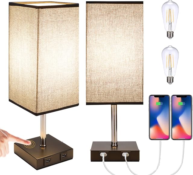ENCOFT Set of 2 Touch Table Lamps, 3 Way Dimmable Touch Control Bedside Lamp with 2 USB Charging Charging Ports for Bedroom, Living Room, Nightstand, Coffee Table (E27 Bulb Included)