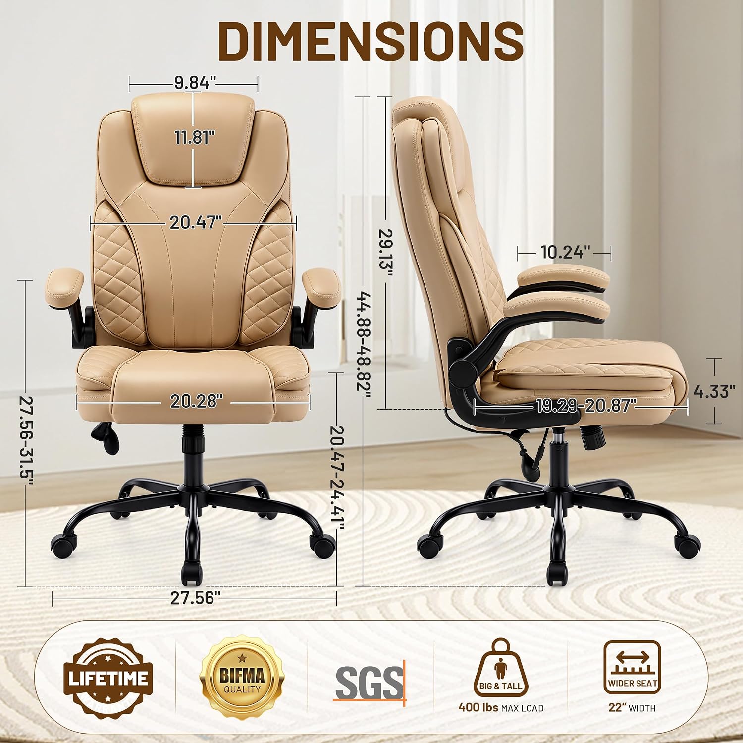 Ergonomic Office Chair, PU Leather High Back Executive Chair with Adjustable Inflatable Lumbar Support and Padded Flip-Up Arms, Recline Swivel Task Computer Chair for Home Office, Khaki