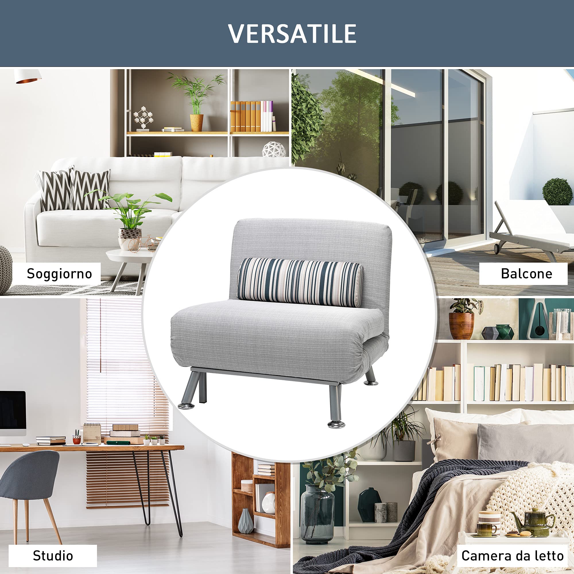 HOMCOM Poltrona Letto Singolo, Poltrona con Materasso e Cuscino Imbottito Sfoderabili - Schienale Regolabile 90-180° e Telaio in Metallo - 75x70x75 cm, Grigio