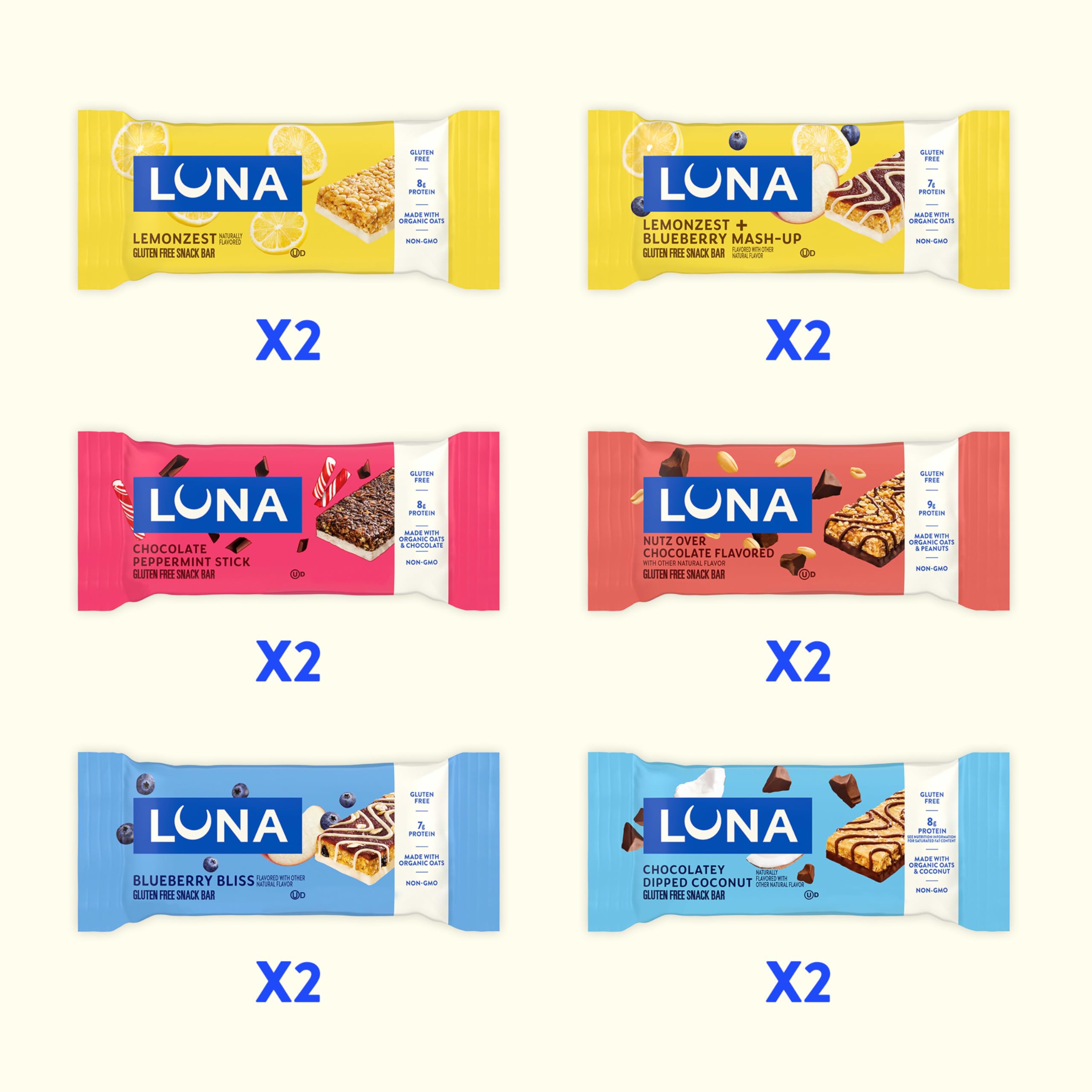 LUNA Bar - Assortiment de 6 saveurs - Barres à collation - Sans OGM - Barres protéinées sans gluten - Fabriquées avec de l'avoine biologique (lot de 12)
