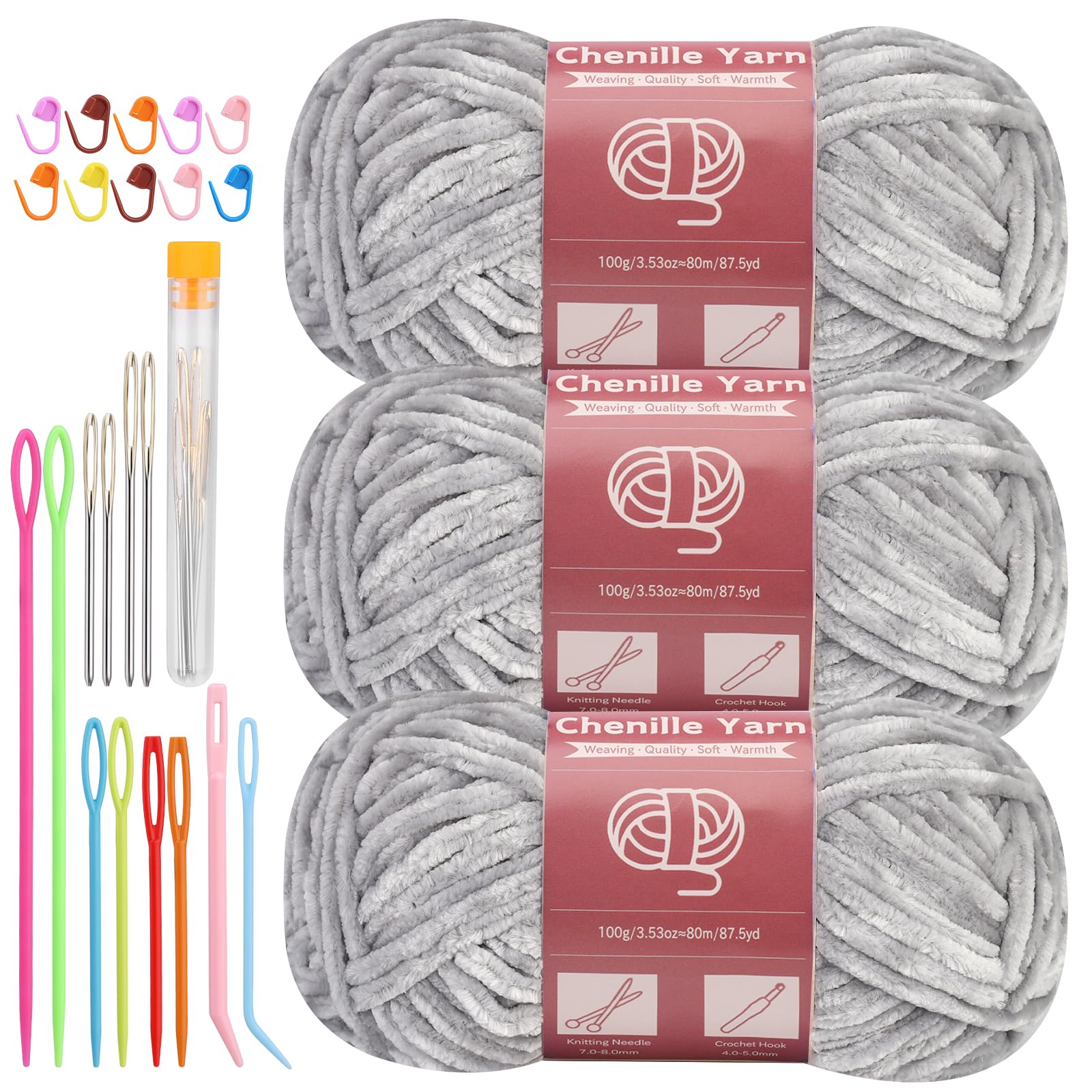 LUNARM Chenille Yarn 3 Pack 3.5oz Chunky Blanket Velvet Yarn 263 Yard | Light Grey Chunky Chenille Yarn for Beginners Crocheting Hand Knitting Scarves with Big Eye Needles Machine Washable
