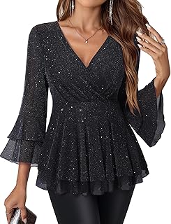 Lotusmile Women's Dressy Blouses Ruffle 3/4 Sleeve Peplum Sparkly Tops