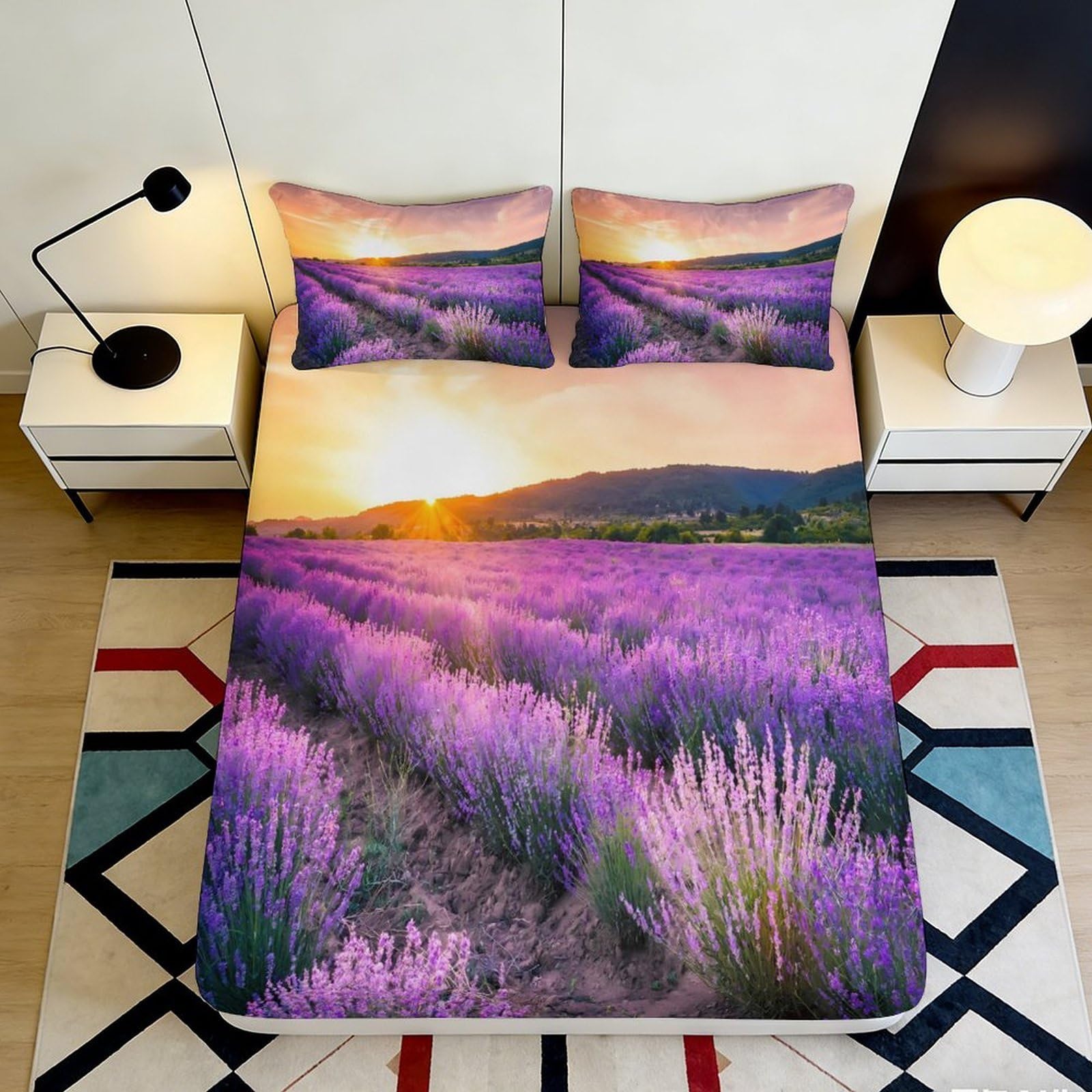3D Printed Lavender Field Fitted Sheet Microfiber Soft Breathable Sunset Landscape Bed Cover for Bedroom Dormitory Guest Room Mattress Protection 140x200x25cm