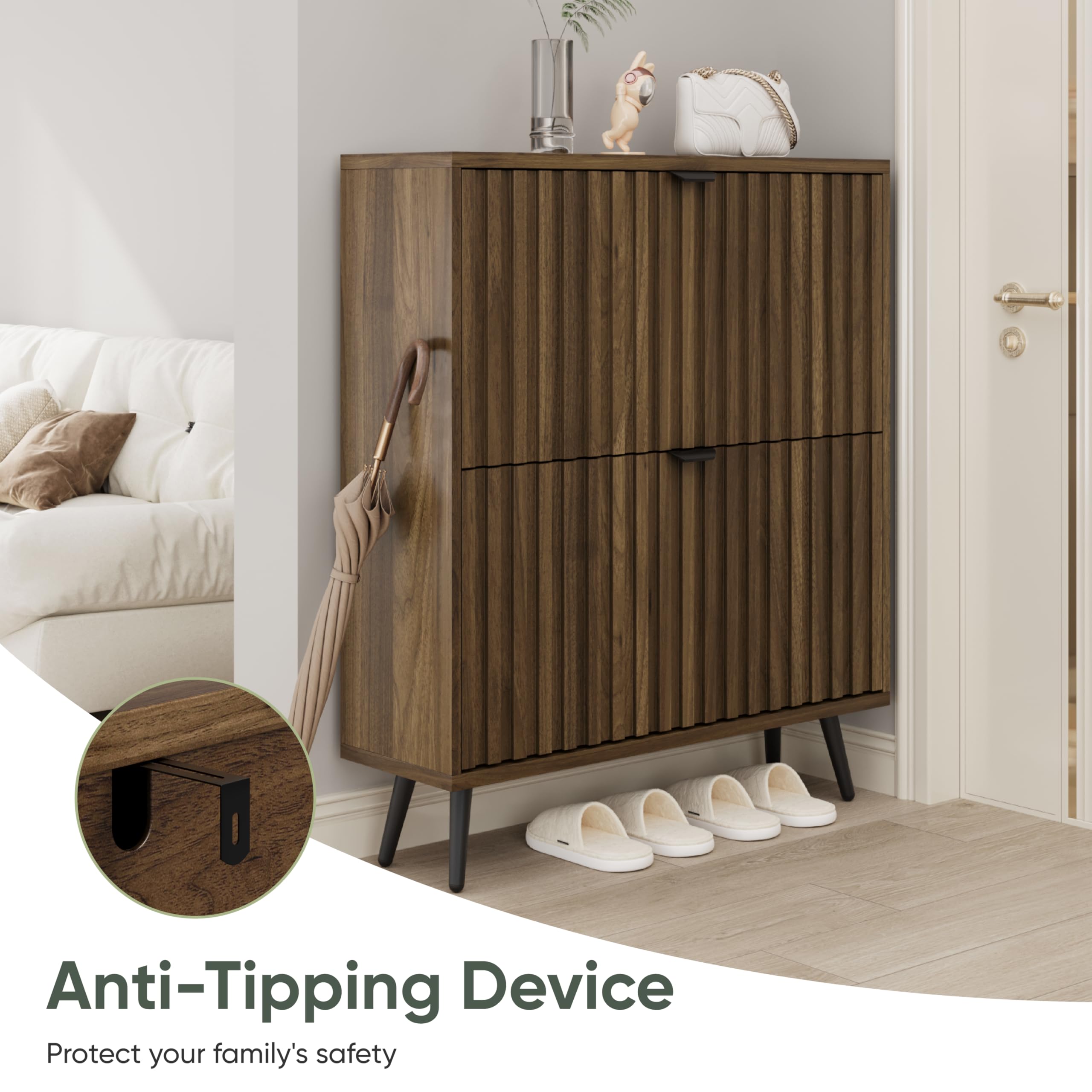 Smuxee Schuhschrank mit 2 Klappschubladen, 80 cm, Walnussholz, versteckter Schuhschrank mit geriffeltem Design, freistehender Schuh-Organizer für Eingangsbereich, Flur, Schrank, Wohnzimmer