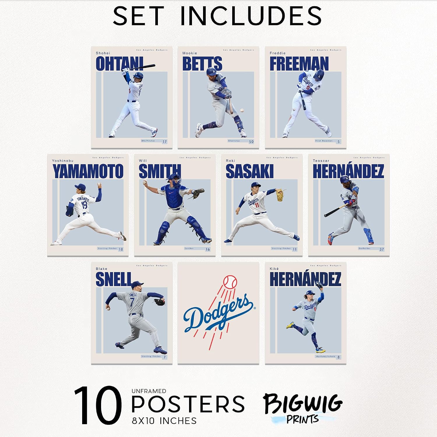 BigWig Prints Dodgers Baseball Posters, Yamamoto, Set of 10, 11x14 in | Includes Betts, Freeman, and Sasaki, Ideal for a Man Cave or Office, Great Gift for Dodgers Fans, Unframed
