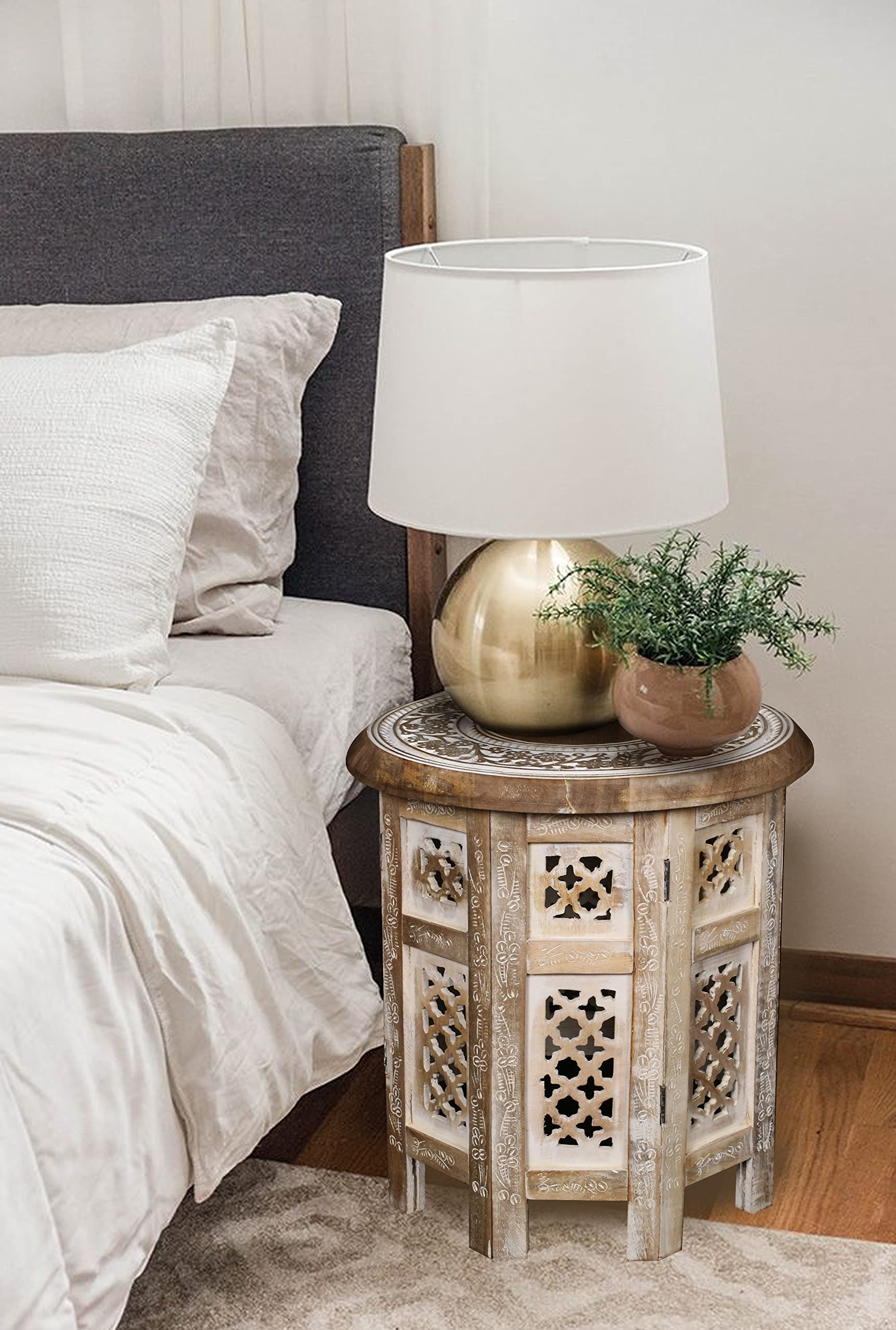 topfurnishing Beautiful Round Hand Carved Indian Shesham Wooden Coffee Table Side (Beige, 15" x 15 "x 15")