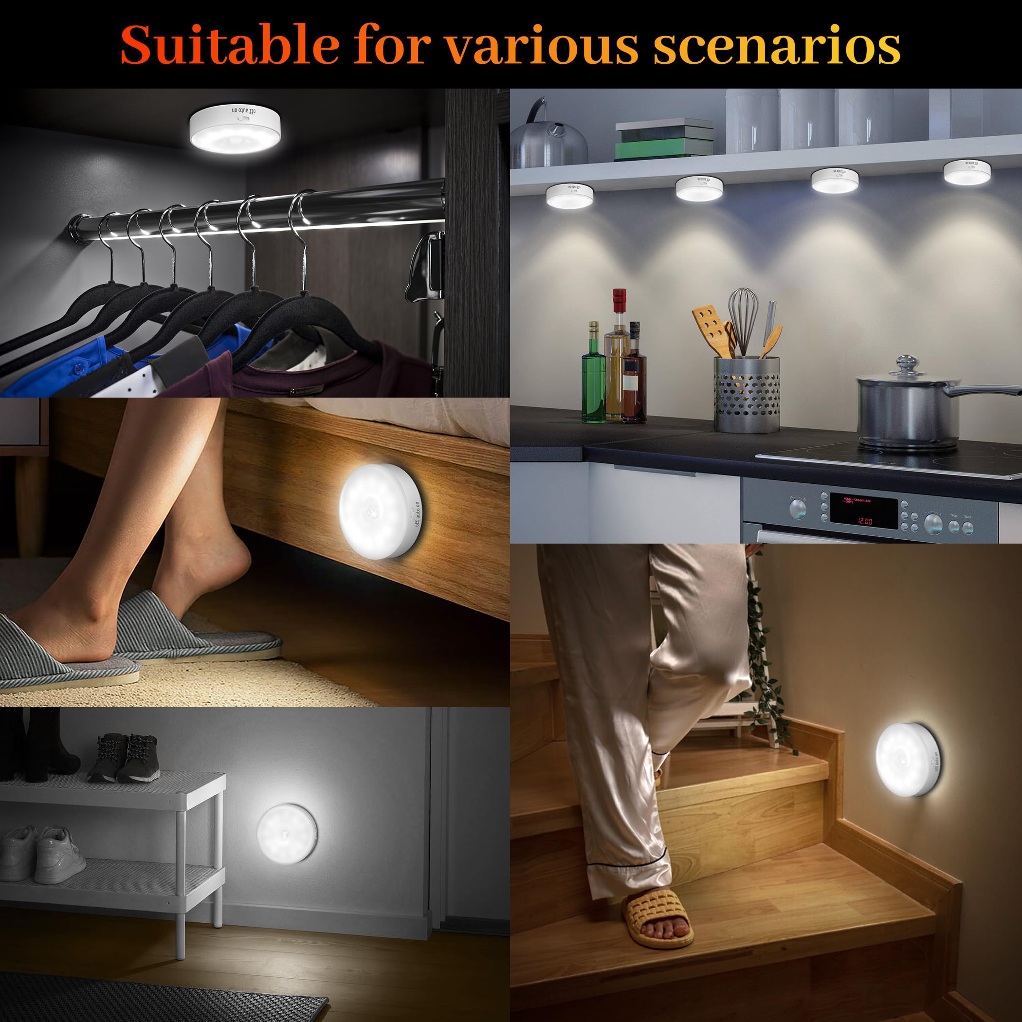 daphomeu Motion Sensor Lights Indoor,4 Pack Wireless USB Rechargeable Cupboard Lights,Stick on Wall Night Light,Battery Operated for Stair Wardrobe Corridors Closet Under Cabinet Kitchen Puck Lights - Image 3