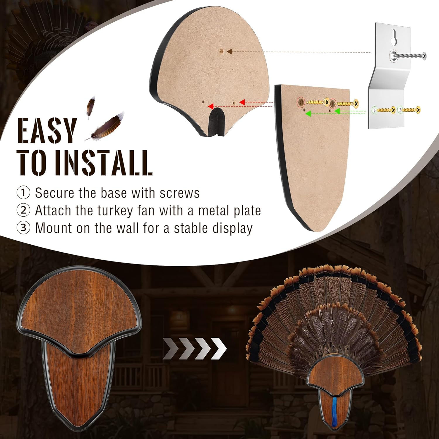 2 Pack Turkey Fan Mount Kit, Wooden Turkey Tail Mount for Hunting Assemble Display, Easy to Install Hunting Accessories Kit, Hunter Gifts