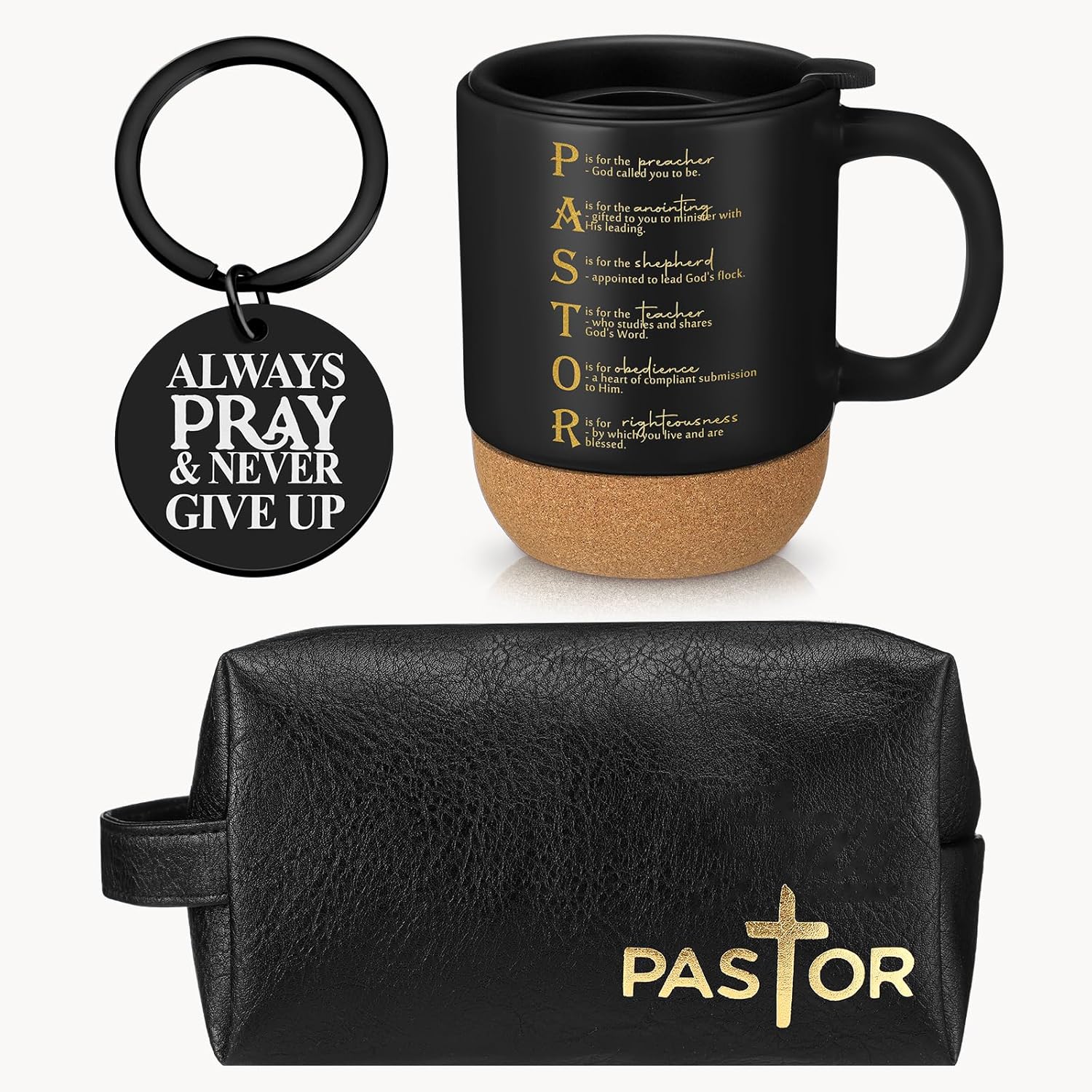 Dansydaisy 3 Pcs Fathers Day Church Gifts 13.5 oz Ceramic Cup with Lid Man of God Religious Leather Bag and Inspirational Christian Keychain for Men Pastor Church Welcome Gifts(Pastor,Black)