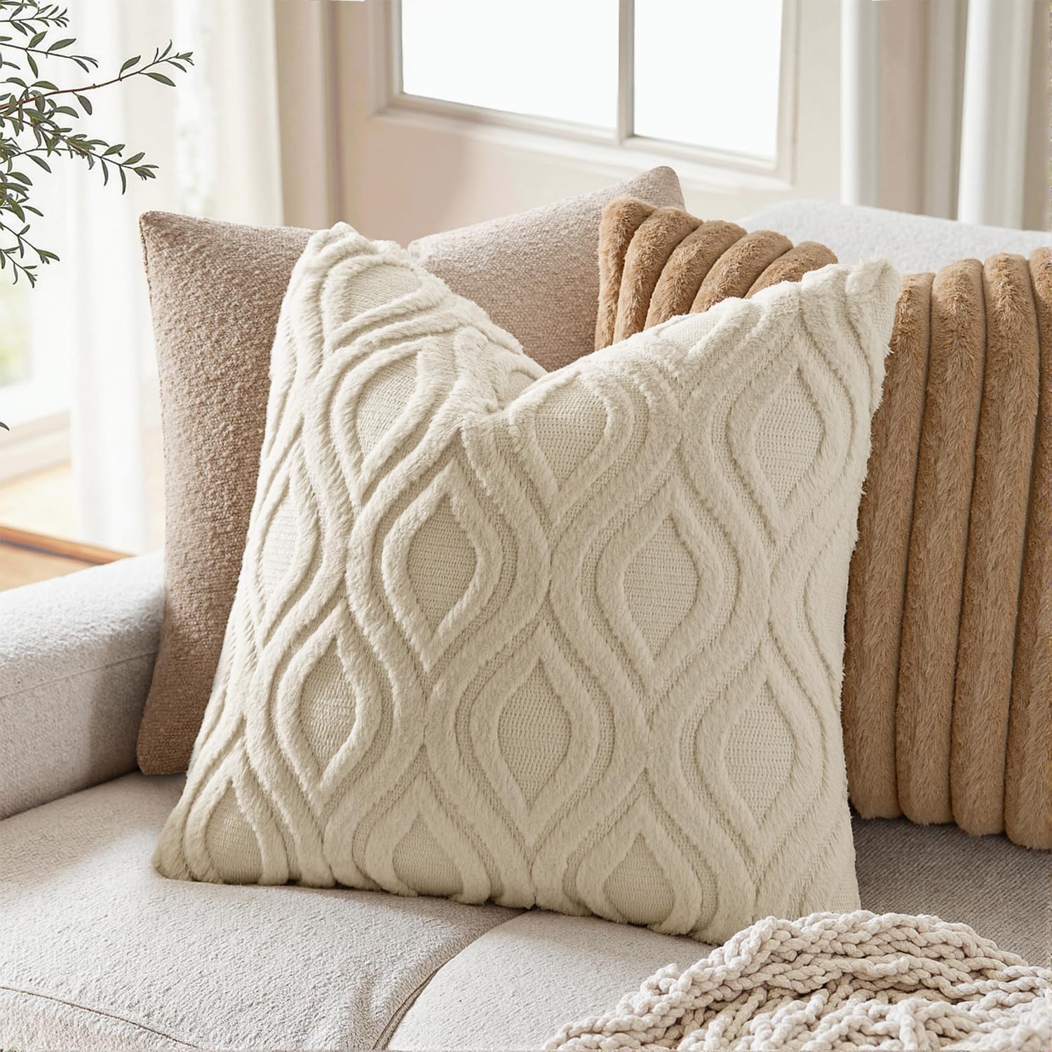 MIULEE Spring Beige Throw Pillow Covers 20x20 Inch, Neutral Soft Plush Faux Wool Solid Couch Pillows Set of 2, Decorative Farmhouse Boho Cushion Covers for Sofa Living Room Bed Home Decor - Image 2