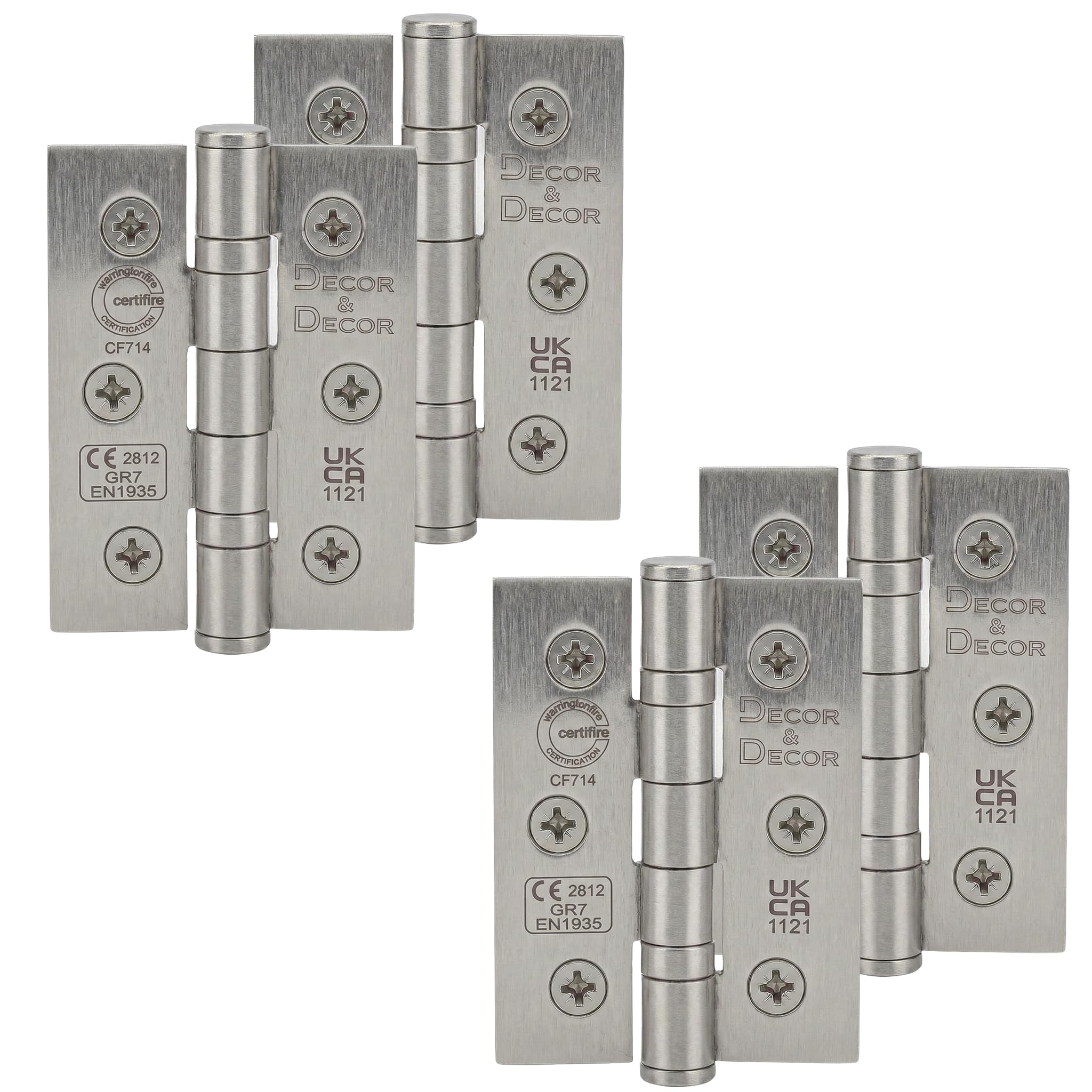Decoranddecor Door Hinges Internal - Fire Rated - 3inc / 76mm - Ball Bearing - Steel - Satin Nickel - 2 Pairs