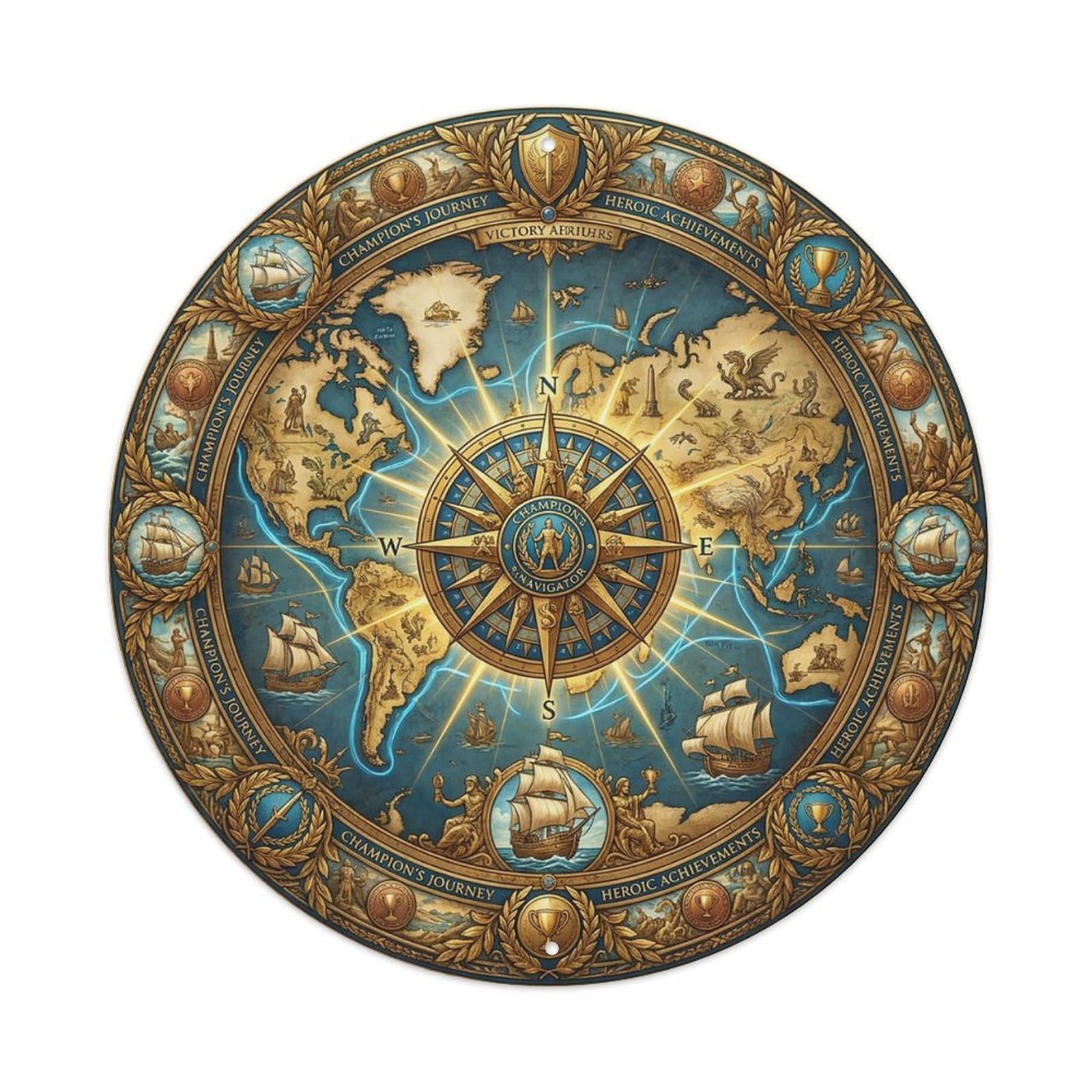 Vintage Nautical Compass World Map Heroic Journey Metal Tin Sign