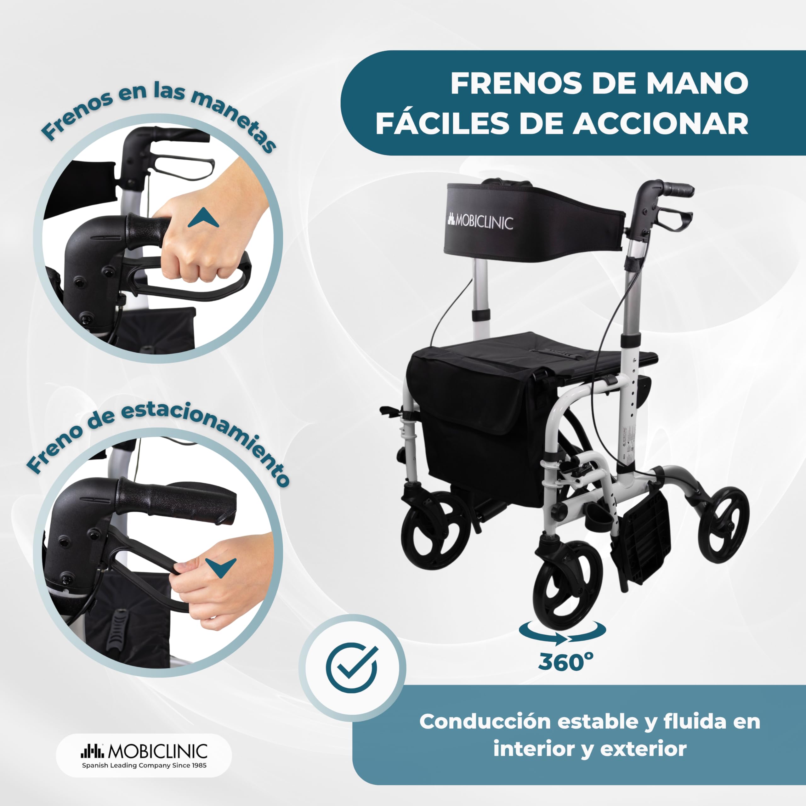 Mobiclinic®, Andador Plegable, con Reposapiés, Plegable, Ajustable en Altura, Máx. 136 Kg, con Frenos, Respaldo Reversible, Ruedas 360º, Bolsa, Porta Bastón, Ibiza