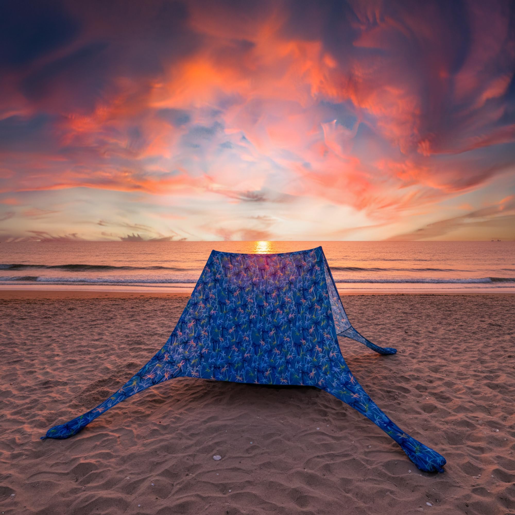Tente de Plage Parasol, Motif Palmier Bleu, 210x200x160 cm, abri Solaire pour 3–4 Personnes
