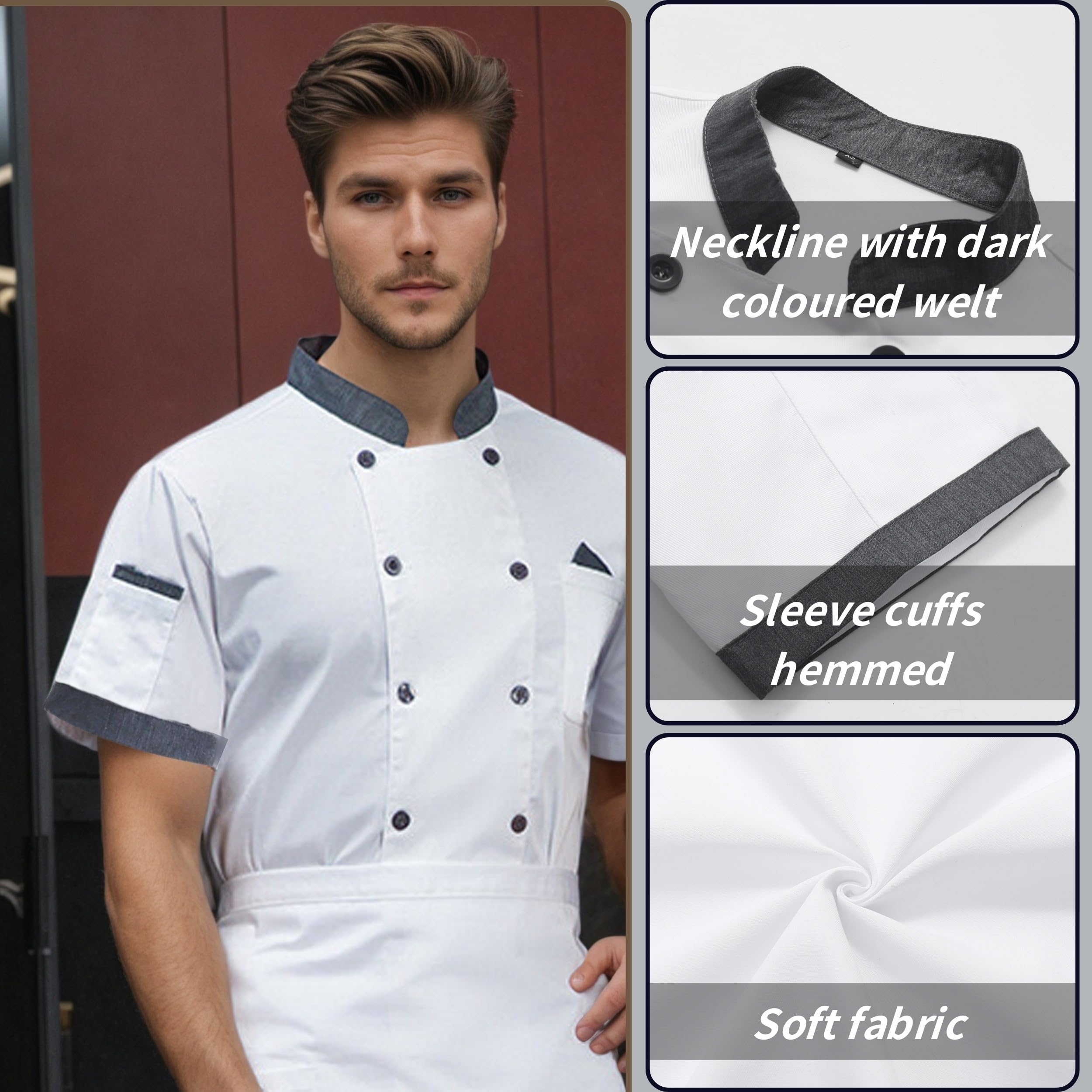 Kochjacke Kurzarm für Herren & Damen Kochjacke Unisex Küche Hotel Uniform Kurzarm Professional Kochjacke Modern Style Chef Bäckerjacke mit Tasche